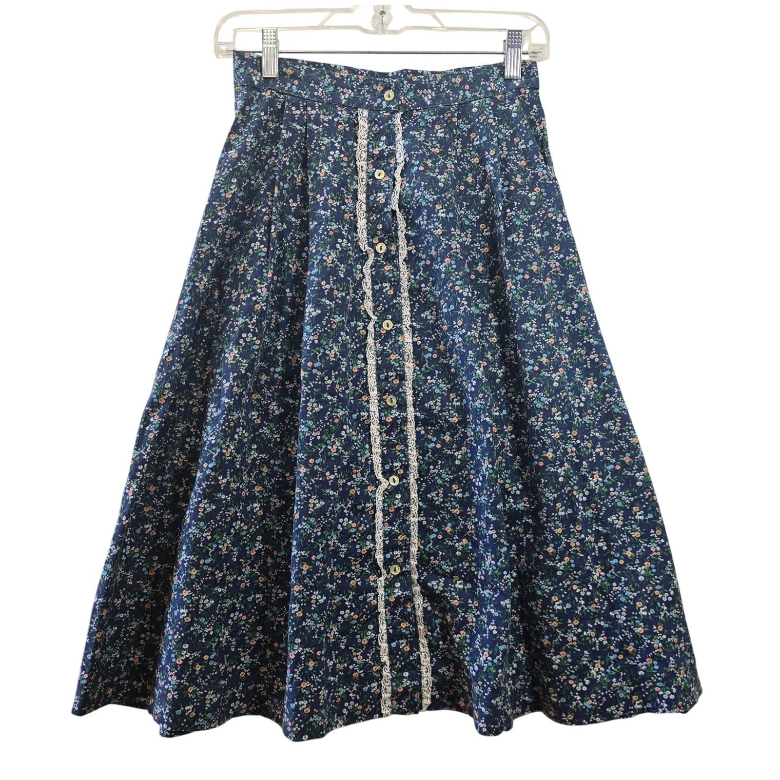 Vintage Prairie Skirt Byer California Small Floral Midi Blue Lace Trim Buttons