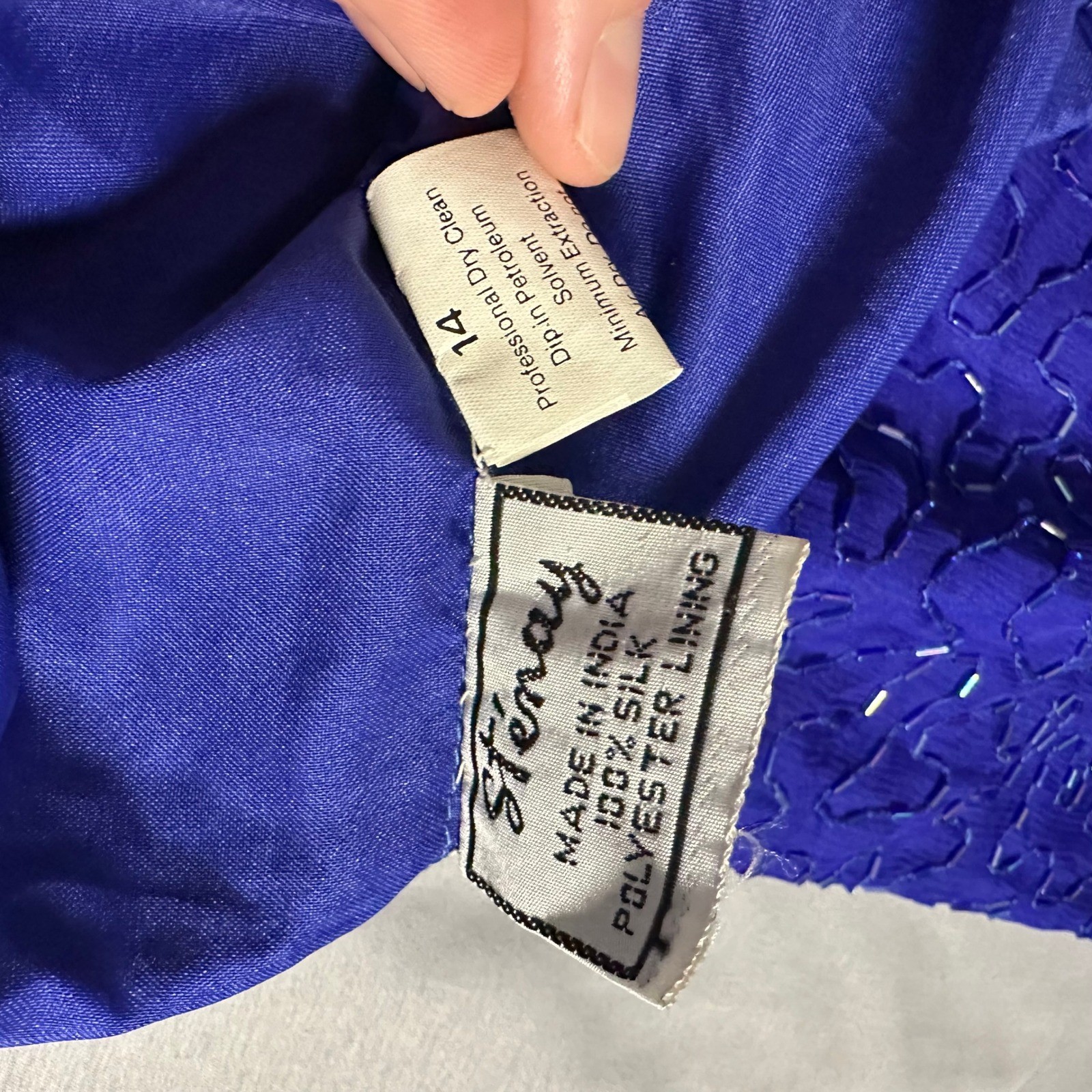 Stenay Beaded Silk Skirt Suit 14 Royal Blue Floral Sequin Vintage Excellent