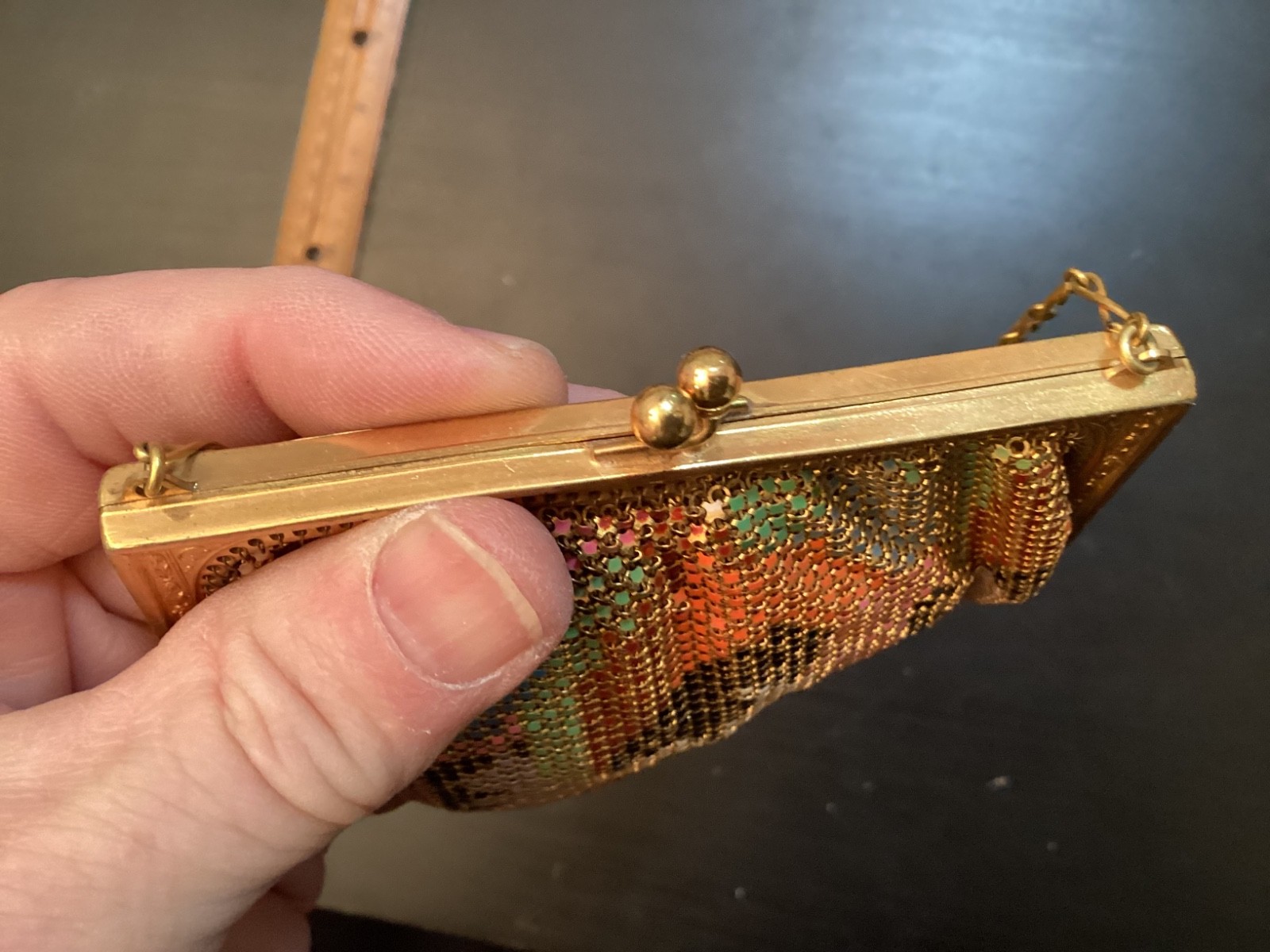 Antique Vtg. Whiting & Davis Mesh Purse Gold Tone Multi Color Beaded Fringe