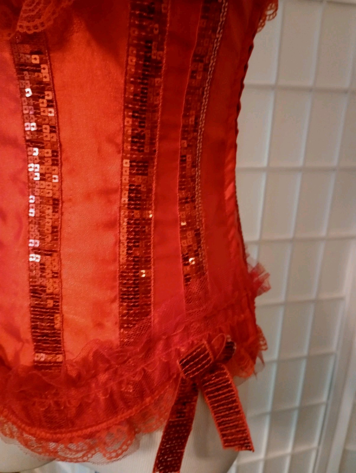 Y2K Red Corset Bustier Lace Sequin & Satin Side Zipper Lace up Back Bustier 34