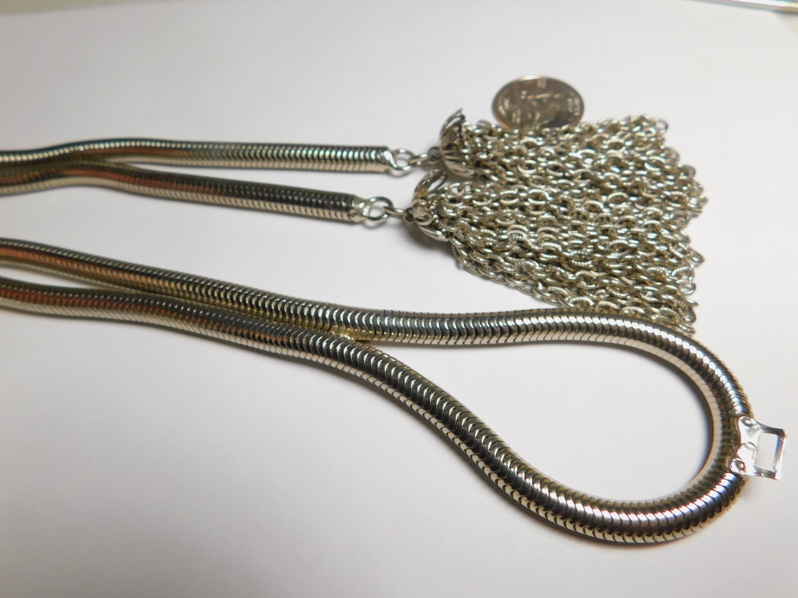 Signed Christian Dior Vintage Silver Tone Lariat Snake Chain Tassel Belt Vintage