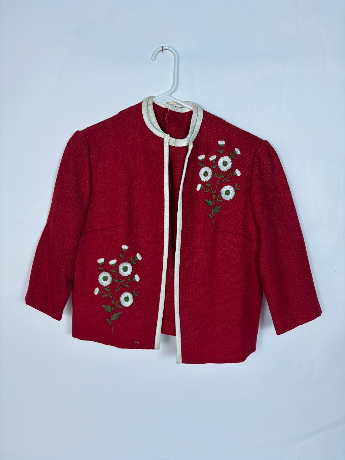 Vintage 1960s Red Floral Embroidered 3-Piece Suit Set Skirt Top Jacket Mod Retro