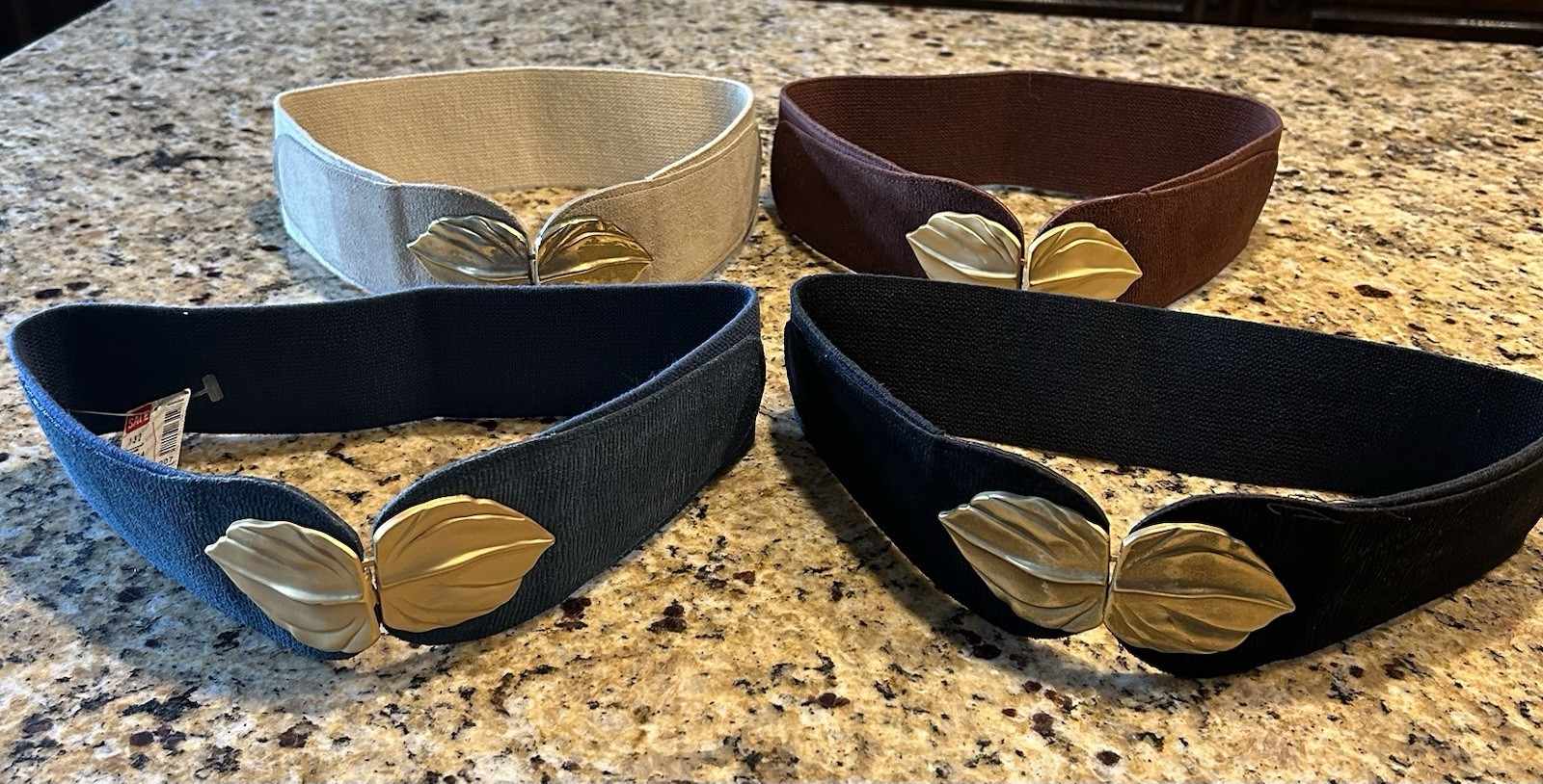 Vintage 80s Gold Leaf, Elastic/leather Belts, Size M Black, Brown, Navy & Cream