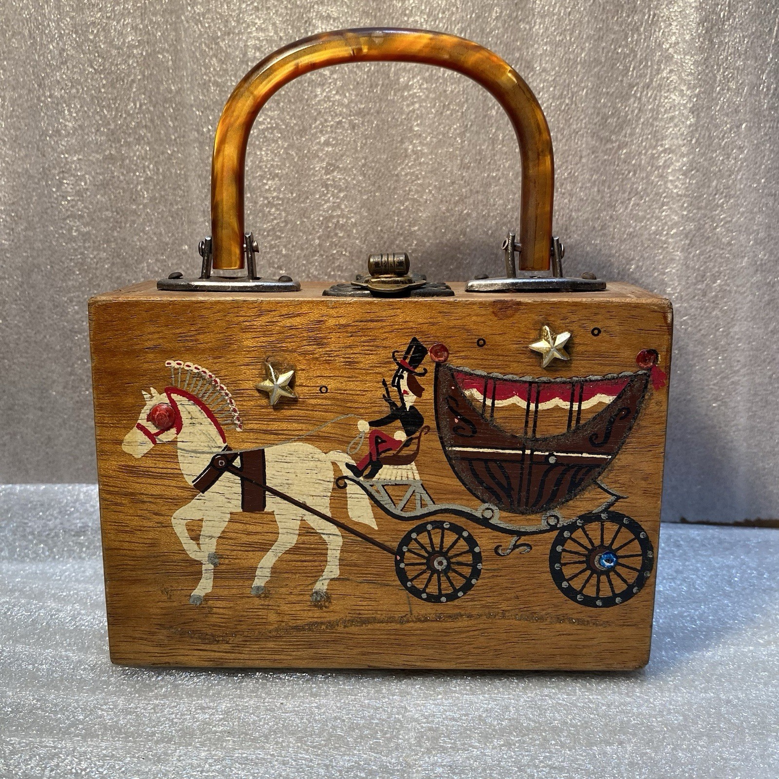 Vtg Gary Gails of Dallas Hand Painted Girls Wood Purse Mirror Horse &Carriage