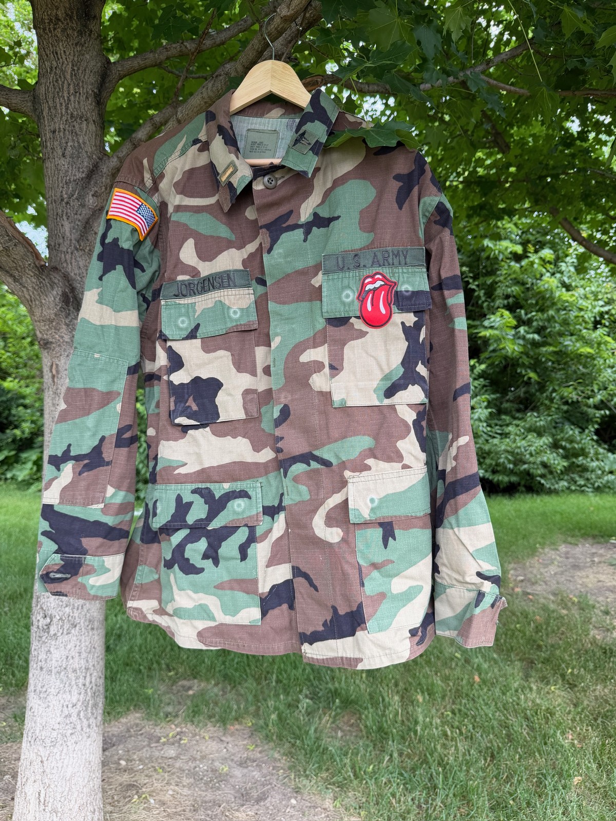 US Army BDU Jacket Woodland Camo Medium Short Rolling Stones Patch Jorgensen