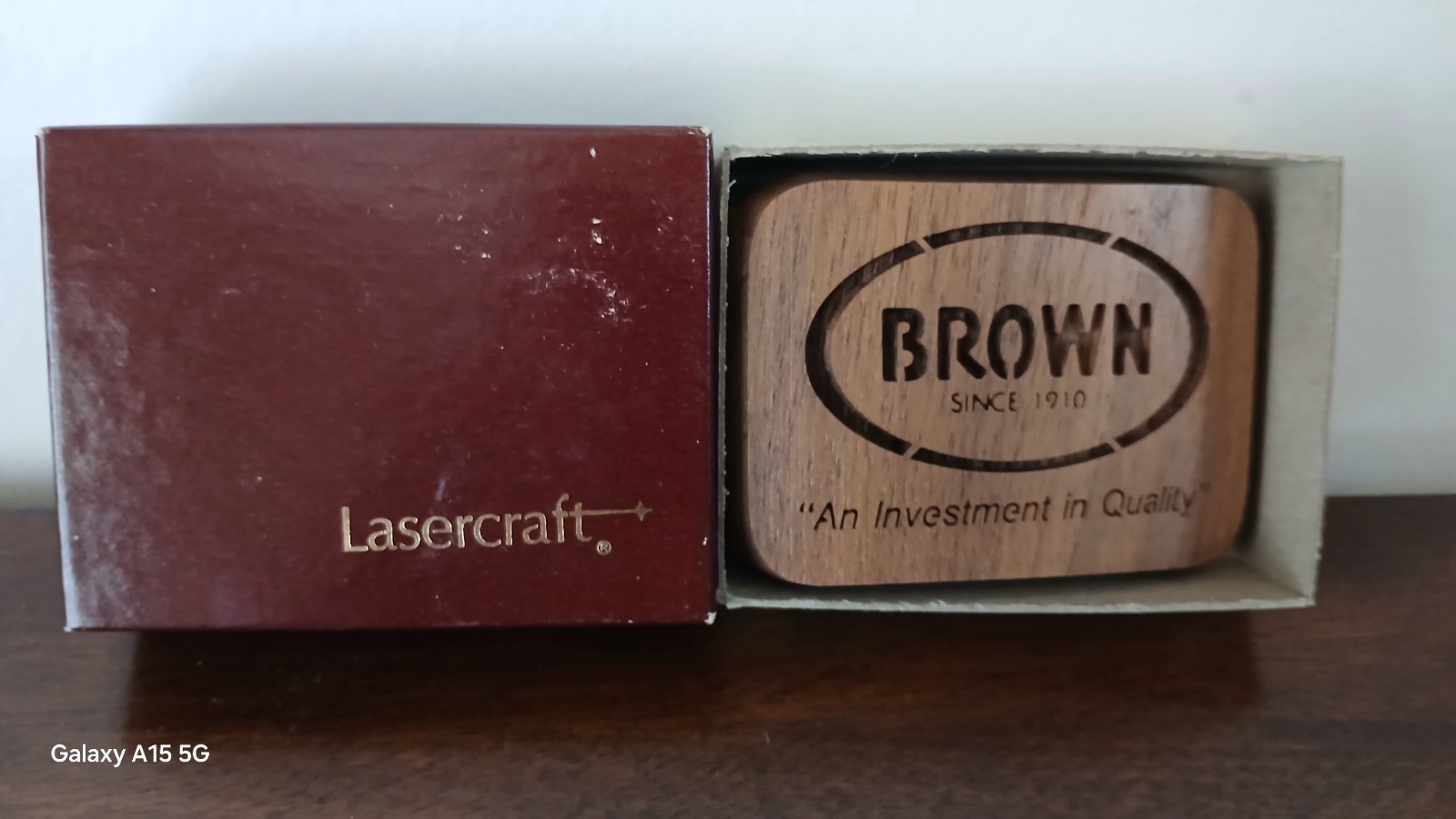 Vintage Lasercraft Laser Engravings Brown Company Wooden Belt Buckle In Org Box