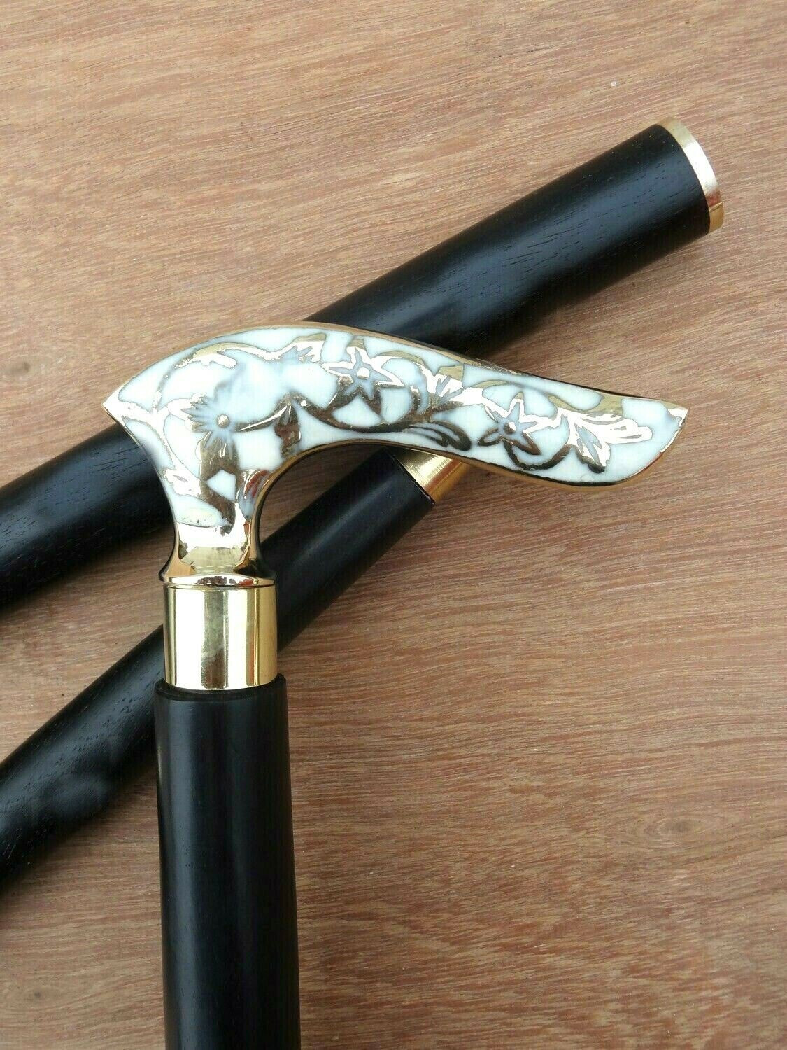 Solid Brass White Derby Head Handle Black Shaft Walking Wooden Stick New Handmad