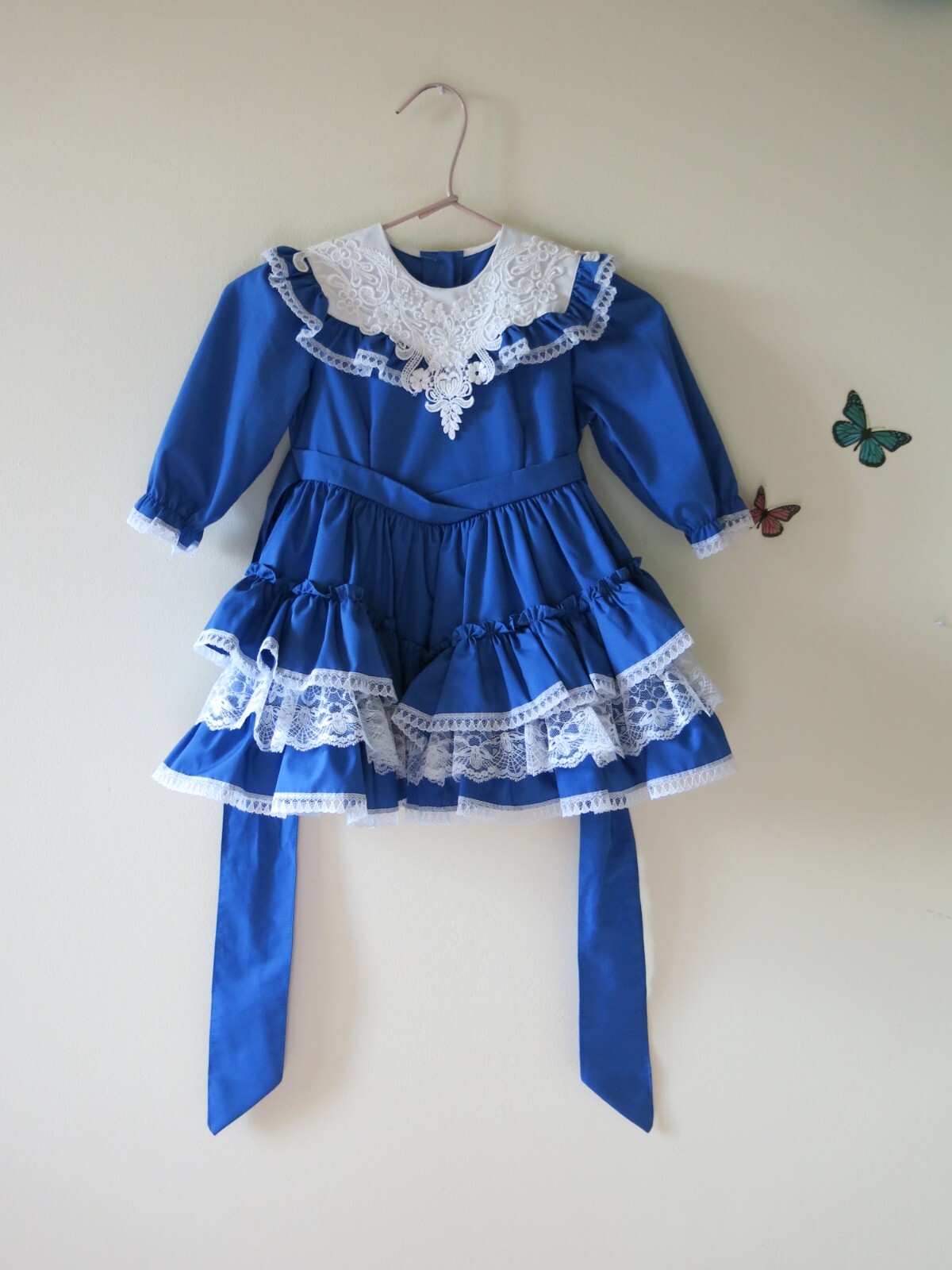 Vintage Golden Age Embroidery Lace Collar Ruffles Blue Cotton Blend Bow Dress 4T