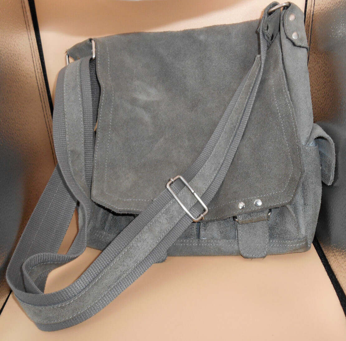 VINTAGE GREY GREEN LEATHER OVER THE SHOULDER BAG SATCHEL MADE IN COLUMBIA