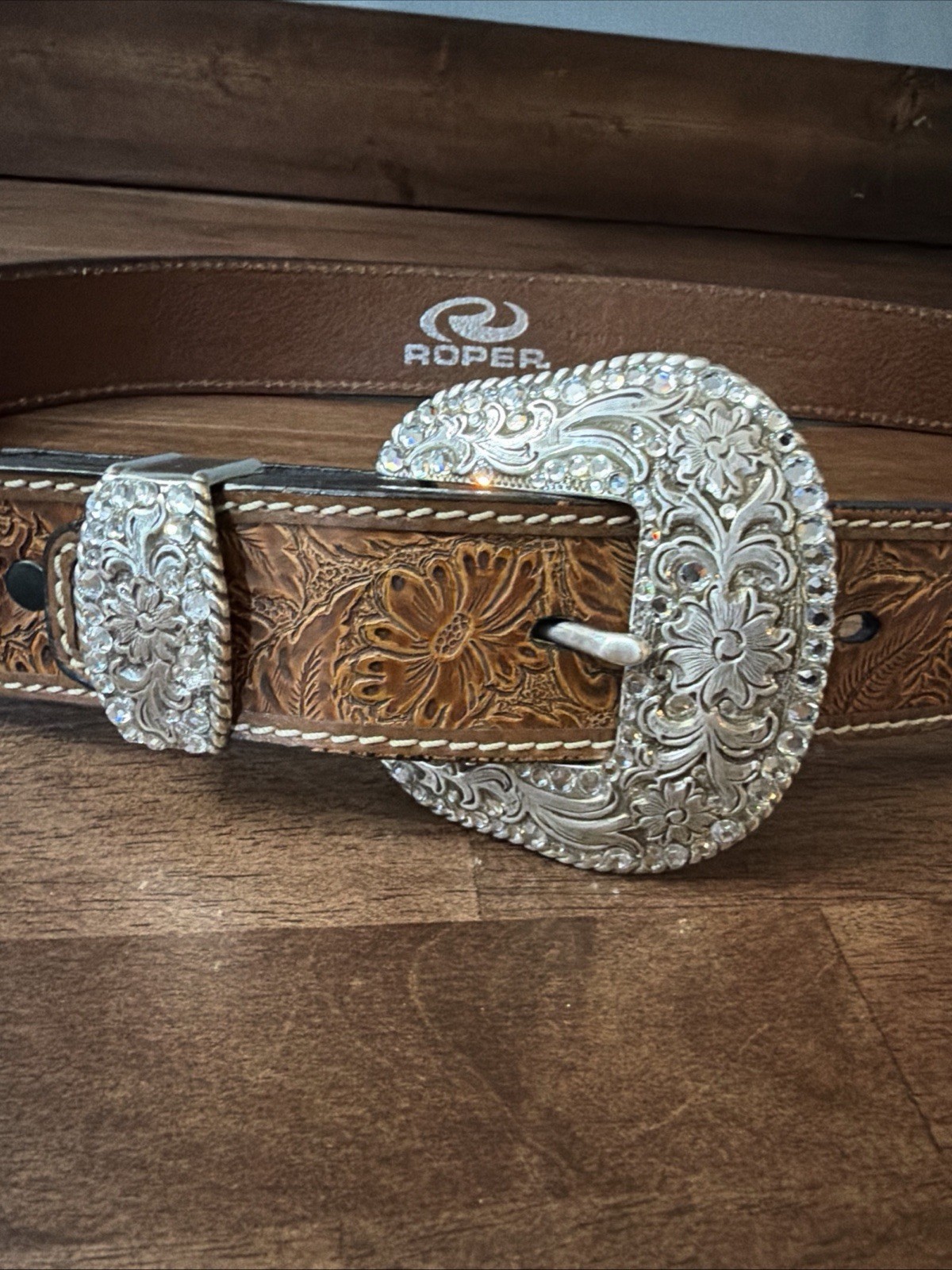 Roper Western Leather Rhinestone Belt Women’s Sz 34/36 Silver Buckle Bling