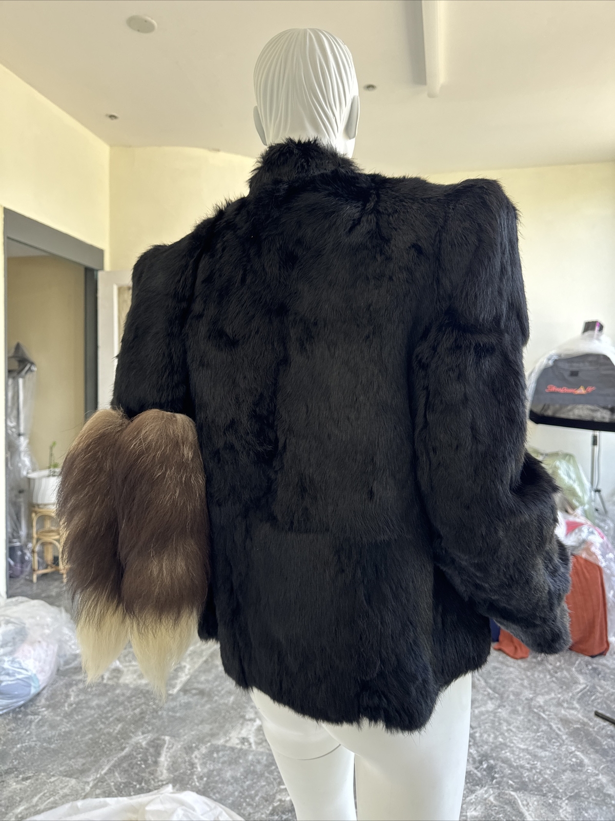 Vintage Black Dyed Rabbit Fur, 100% Genuine, Size S With Fox Tales