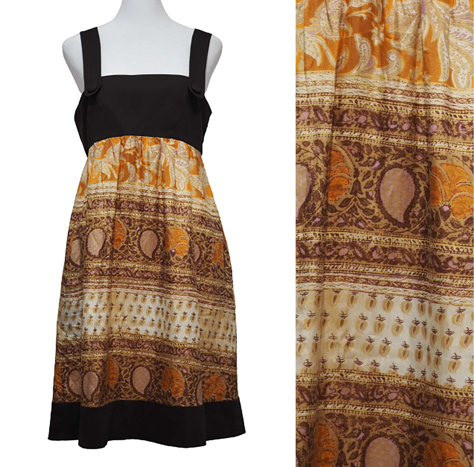Vintage SEARLE 4 Brown Silk Dress Paisley Jumper Mod Retro 70s Orange