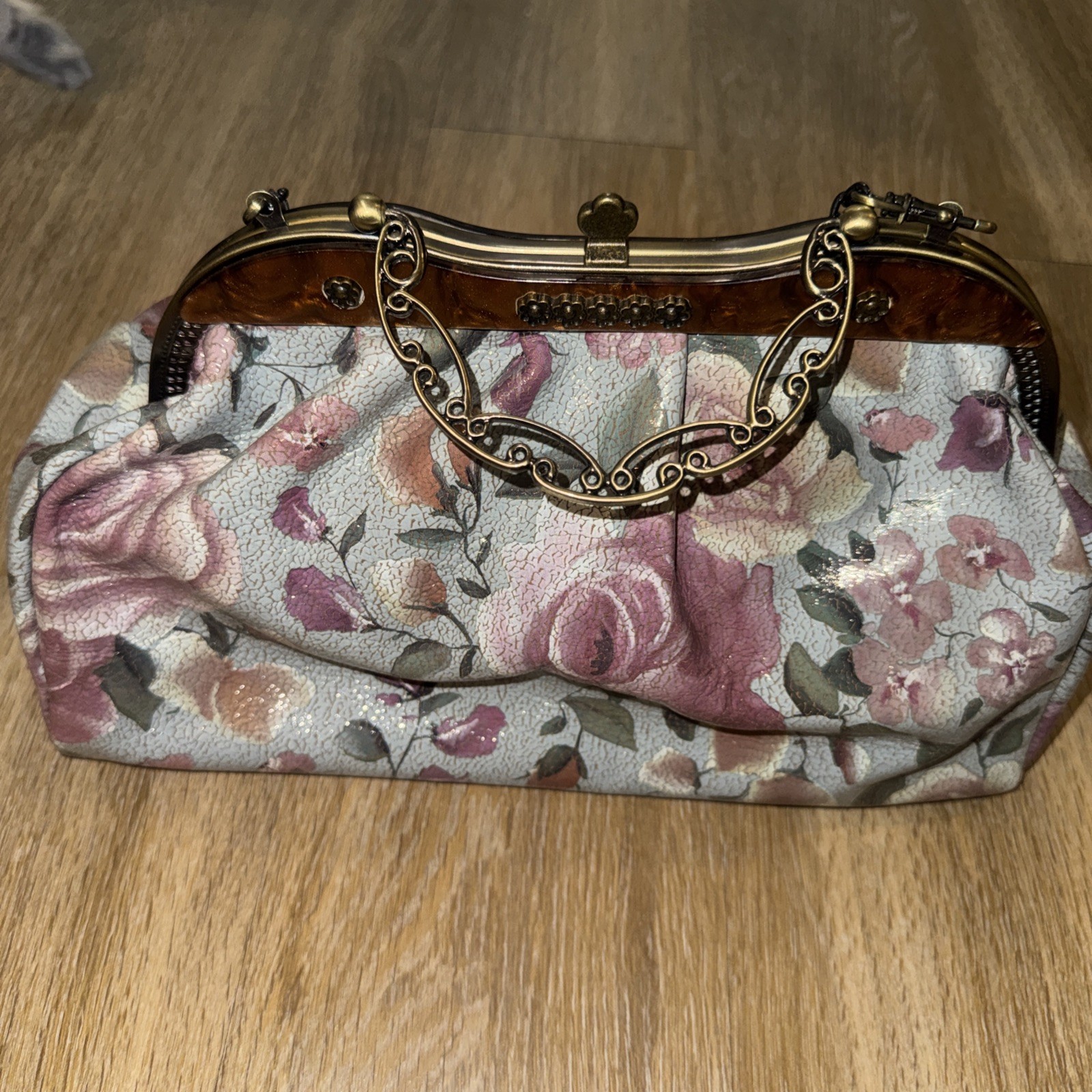Patricia Nash￼Victorian Floral Hand Beaded Bag W/ Chain. Brass Snap Handle