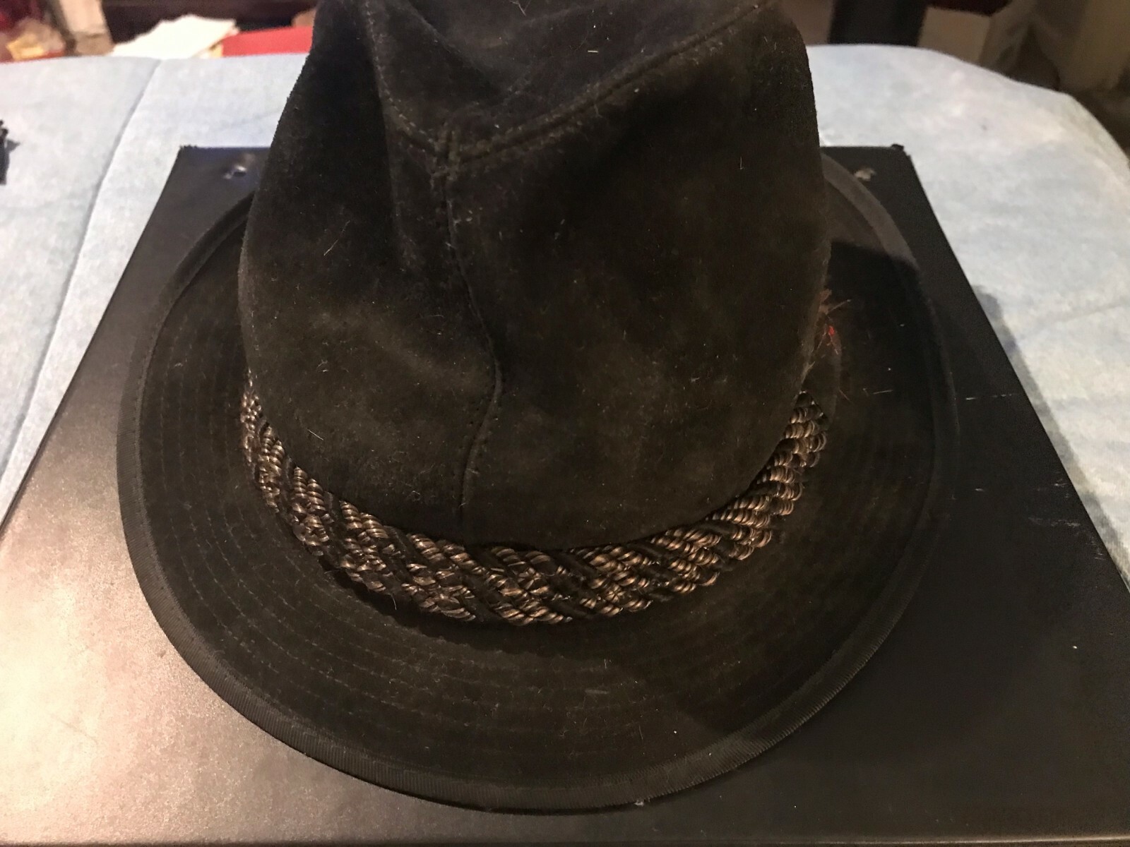 Vintage Original 1960’s Hush Puppies Black Brushed Pigskin Fedora Hat Size 6 7/8