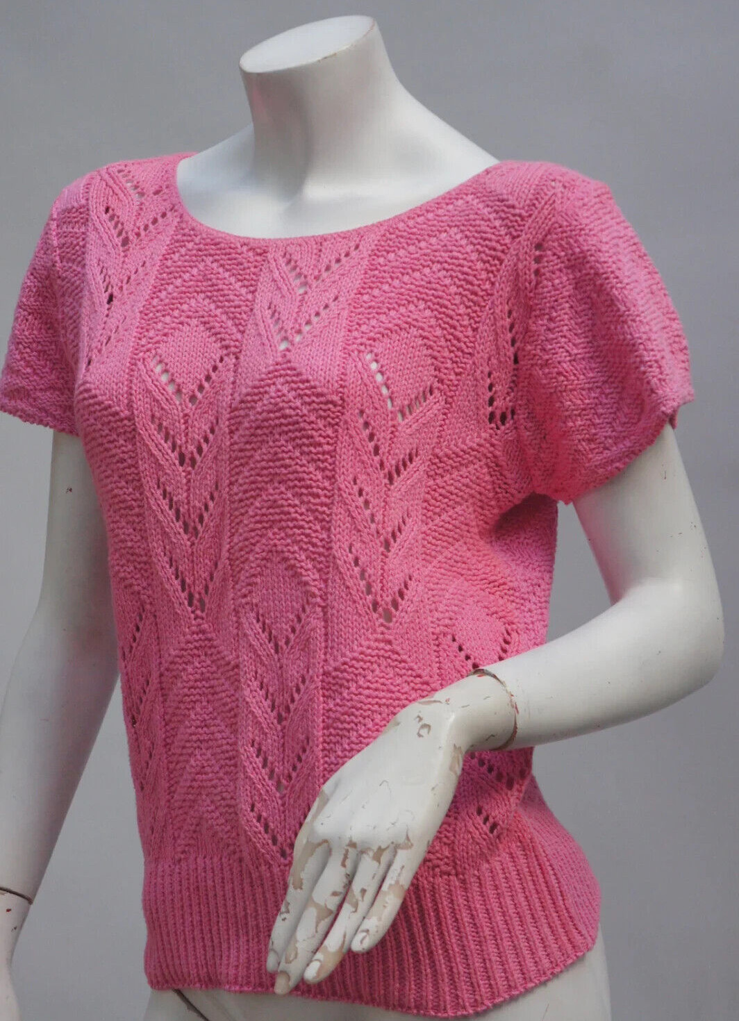 Vintage 80s Pink Short Sleeve Knit Pink Lace Sweater Cottagecore Retro