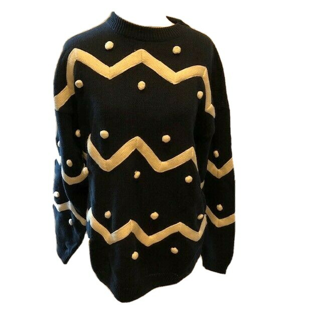 Vintage Sweater Women’s Size M James River Traders JRT Blue White Zigzag Pompoms