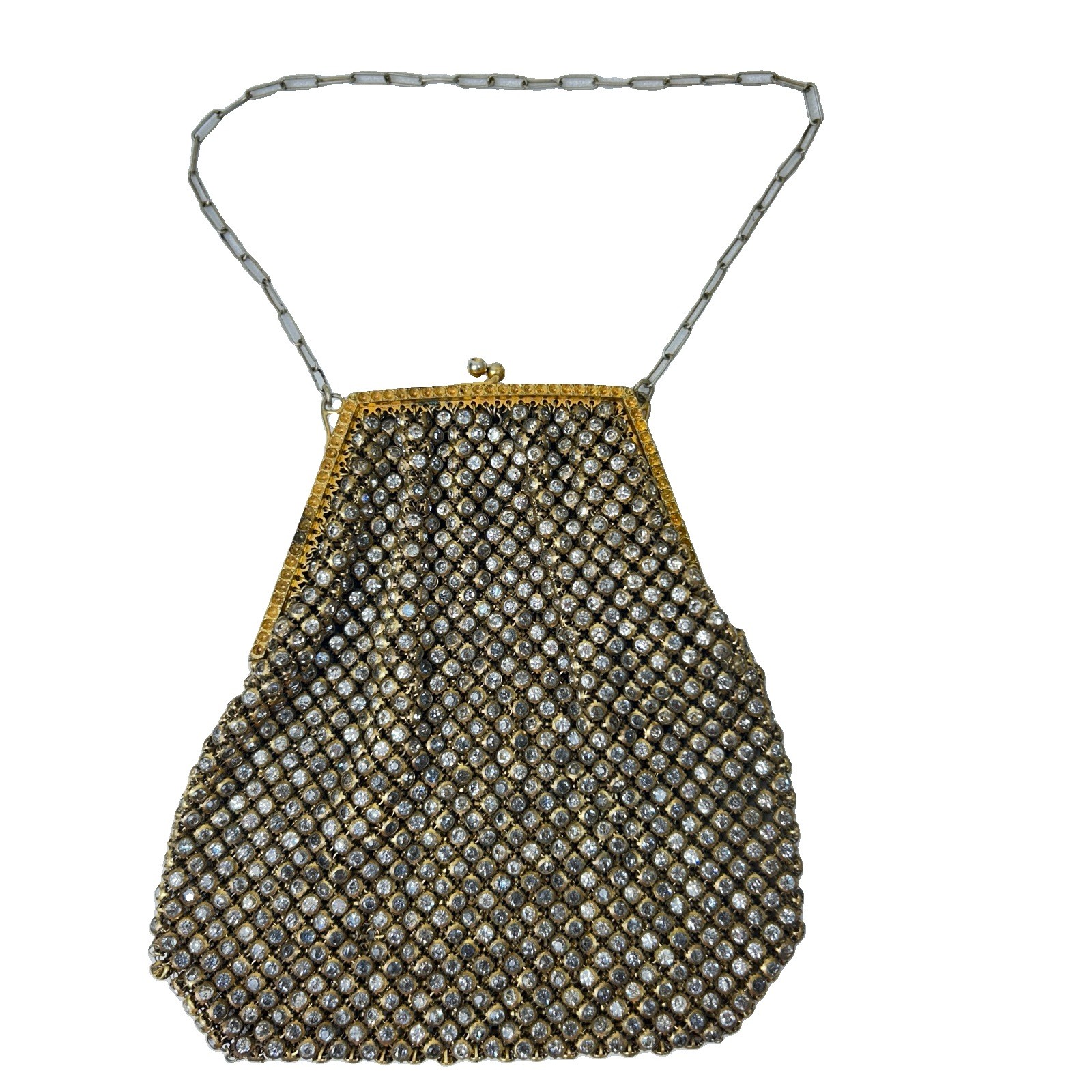 Vintage Evening Bag Handbag Rhinestone Bezel Mesh Gold Tone Made in France READ