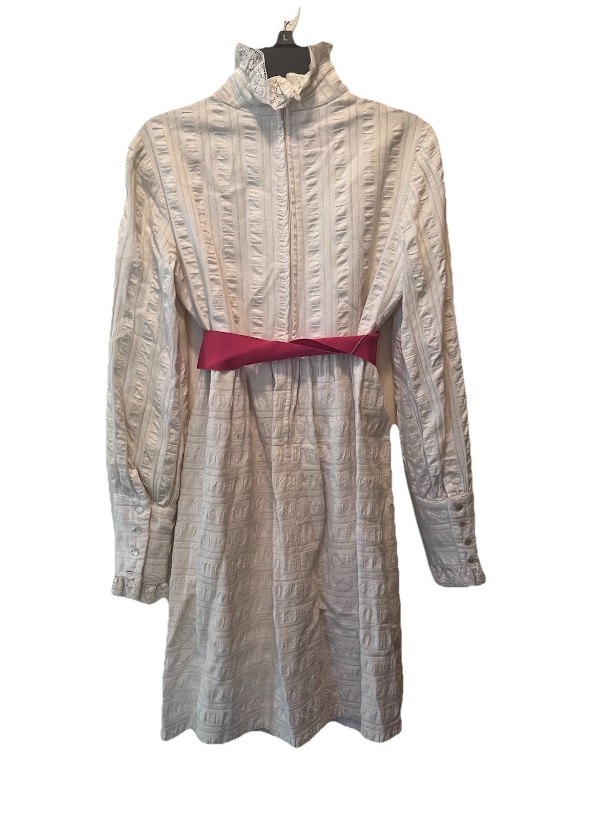 VTG 1960s Ellen Tracy White Edwardian Mod Mini Dress Lace Ruffle Fuchsia Belt