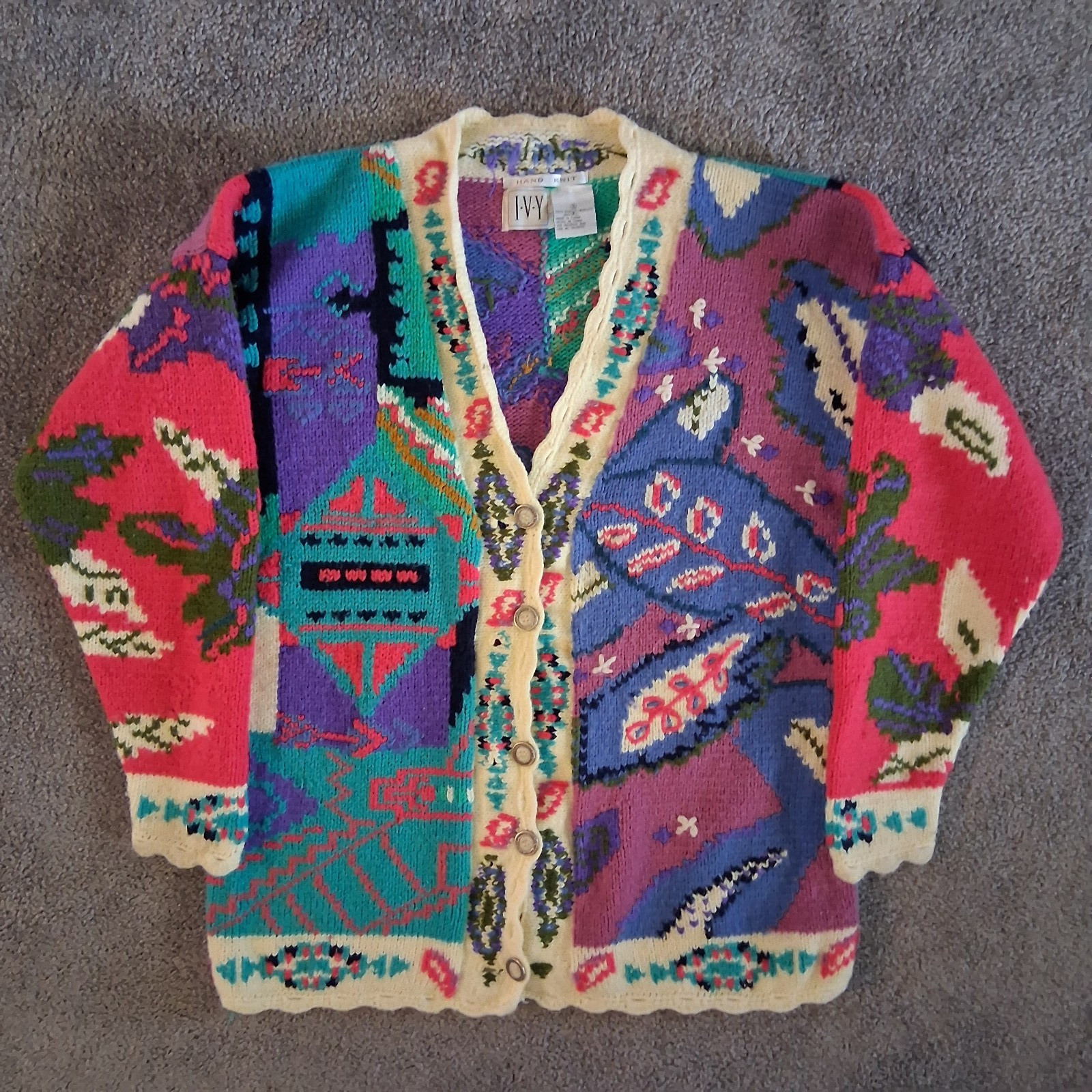 Vintage Ivy Hand Knit Multi Color Cardigan Top Sweater Jacket Coat Small