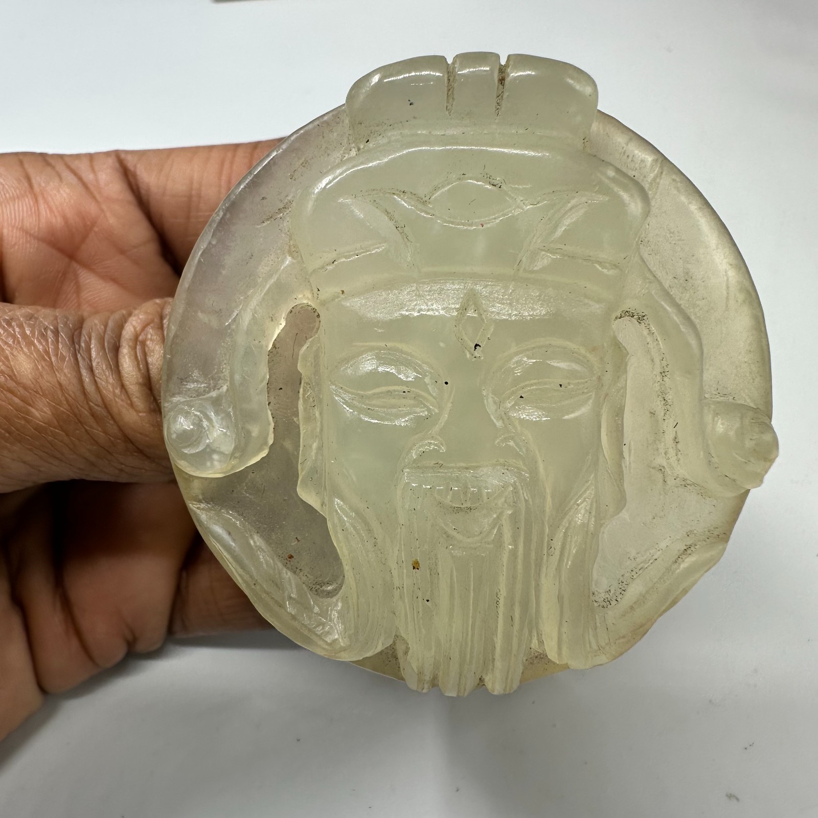 Vintage Belt Buckle Asian Warrior Face Carved Pale Green Sash Slide Round