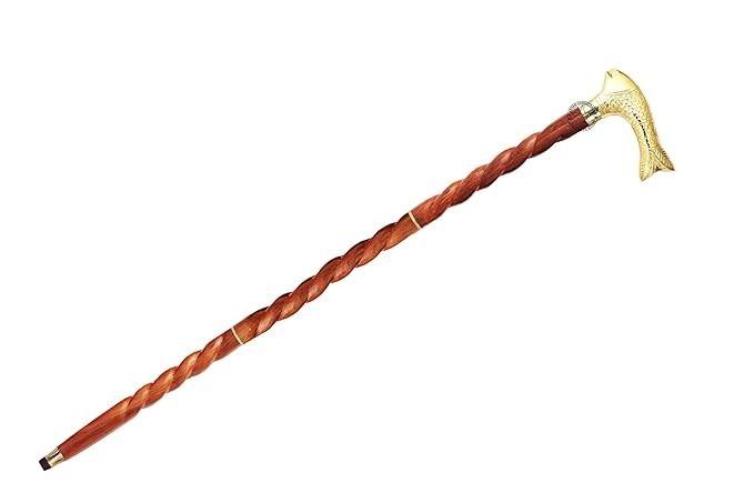 Spiral Brown Wooden Walking Stick with Brass Fish Handle Cane Designer Gift
