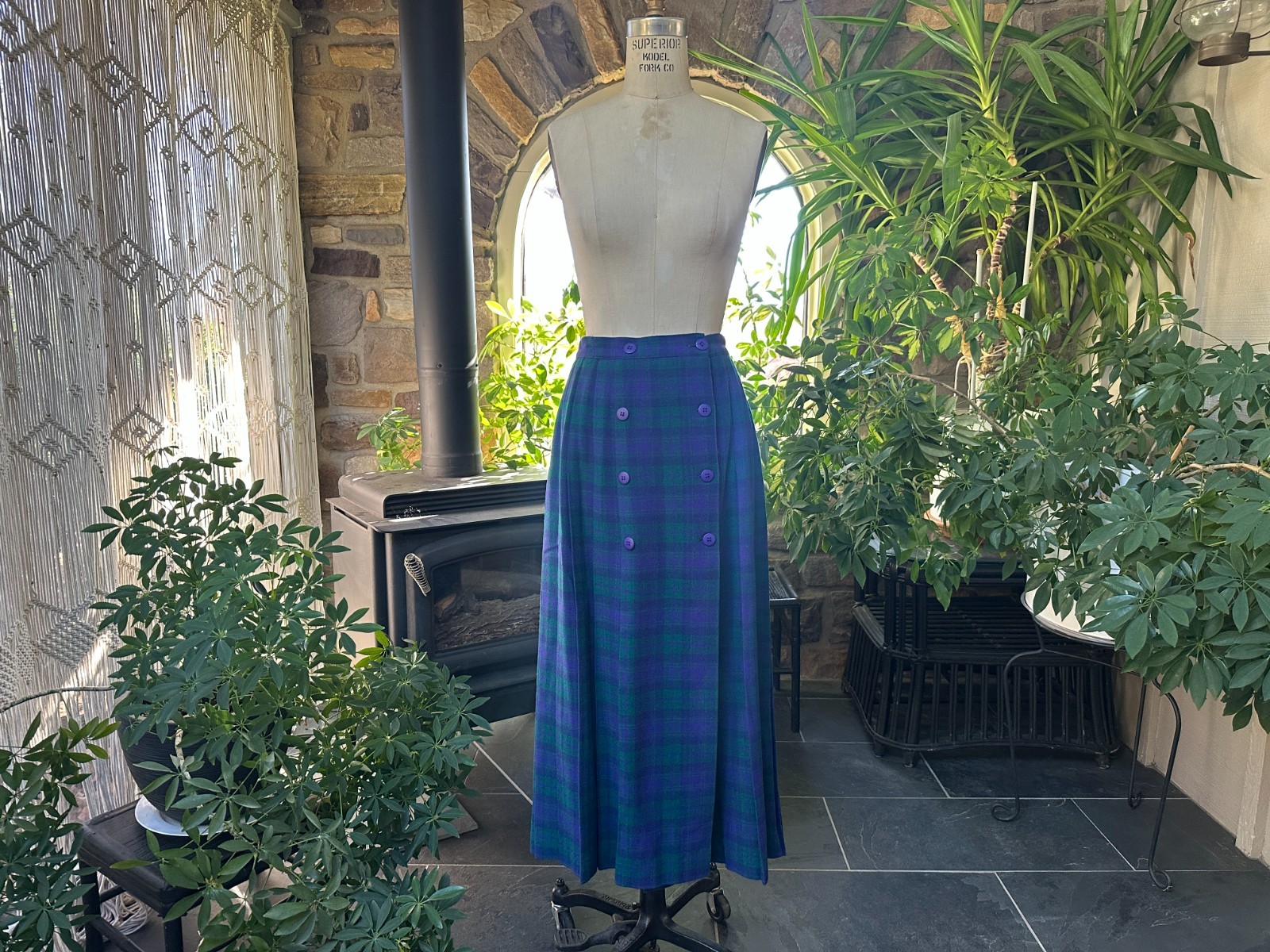 Vintage 1970s Purple Green Plaid Wool Pleat Button Front Midi Skirt Allen Solly