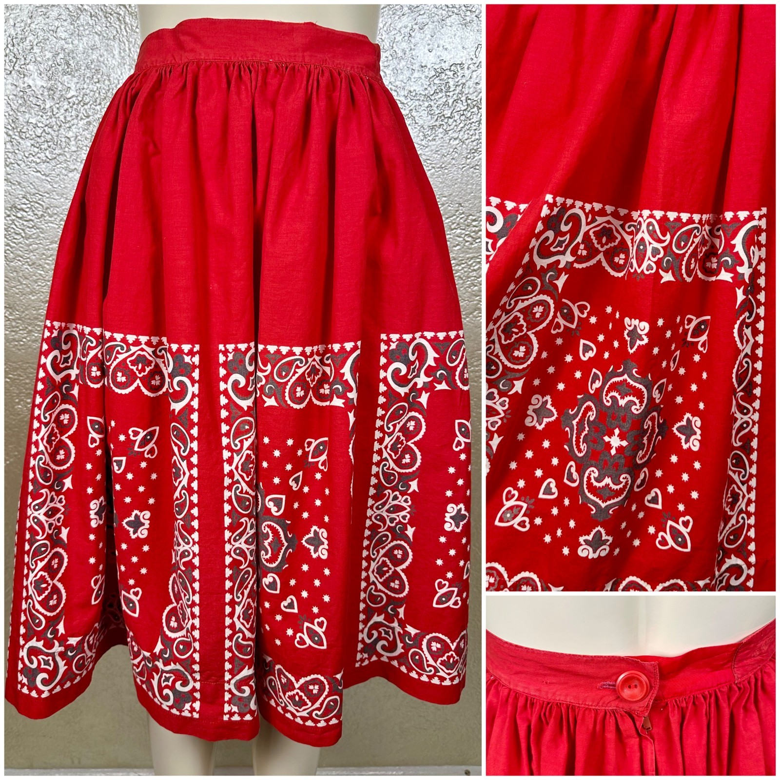 Vintage 1950s Ladies Handmade Red Cotton Skirt Western Handkerchief Rockabilly