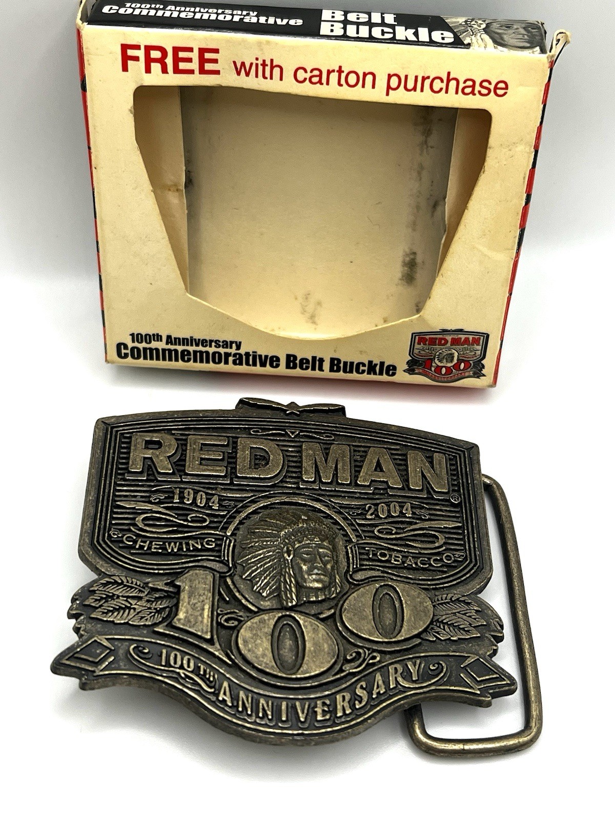 Red Man Belt Buckle 100th Anniversary 1904 – 2004 Chewing Tobacco Promo Brass