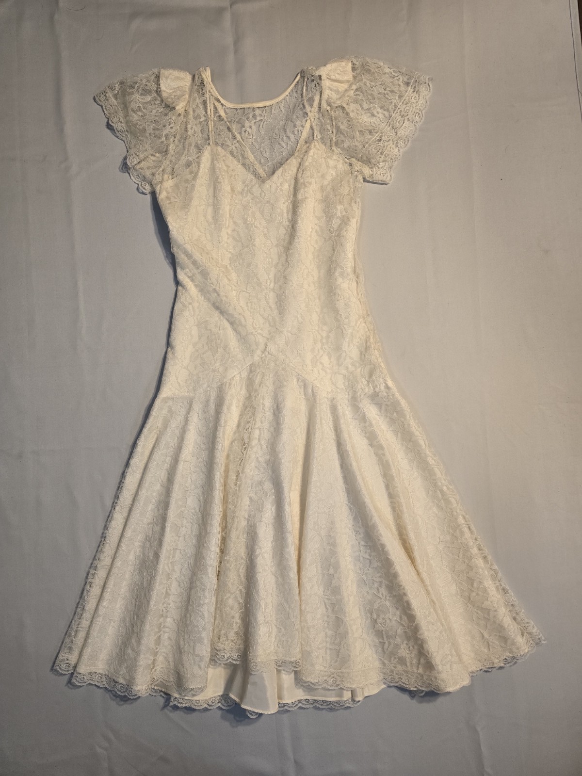 Vintage HW Collections Ivory Lace Drop Waist Dress Bridal Size 11-12 U.S.A Made