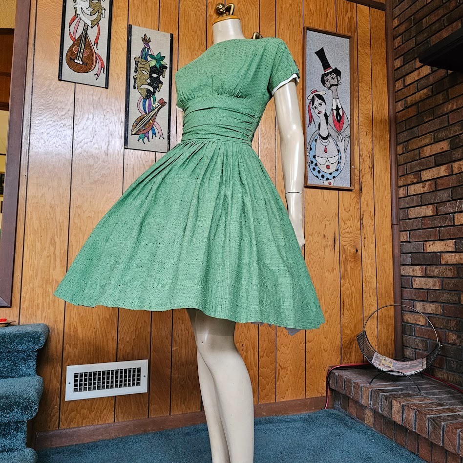 Vtg 50s Sage Green Jonathan Logan Cummerbund Circle Skirt Party Prom Dress XS