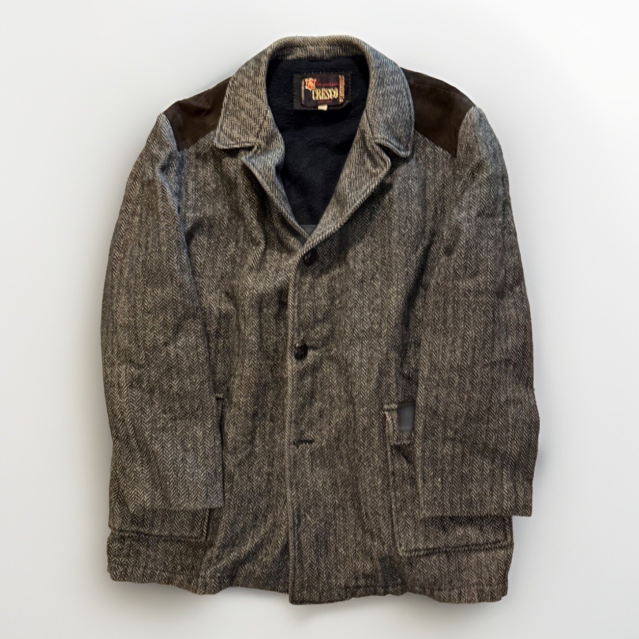 Vintage Cresco Herringbone Coat Men’s 46 Wool Suede Shoulder Western Jacket USA