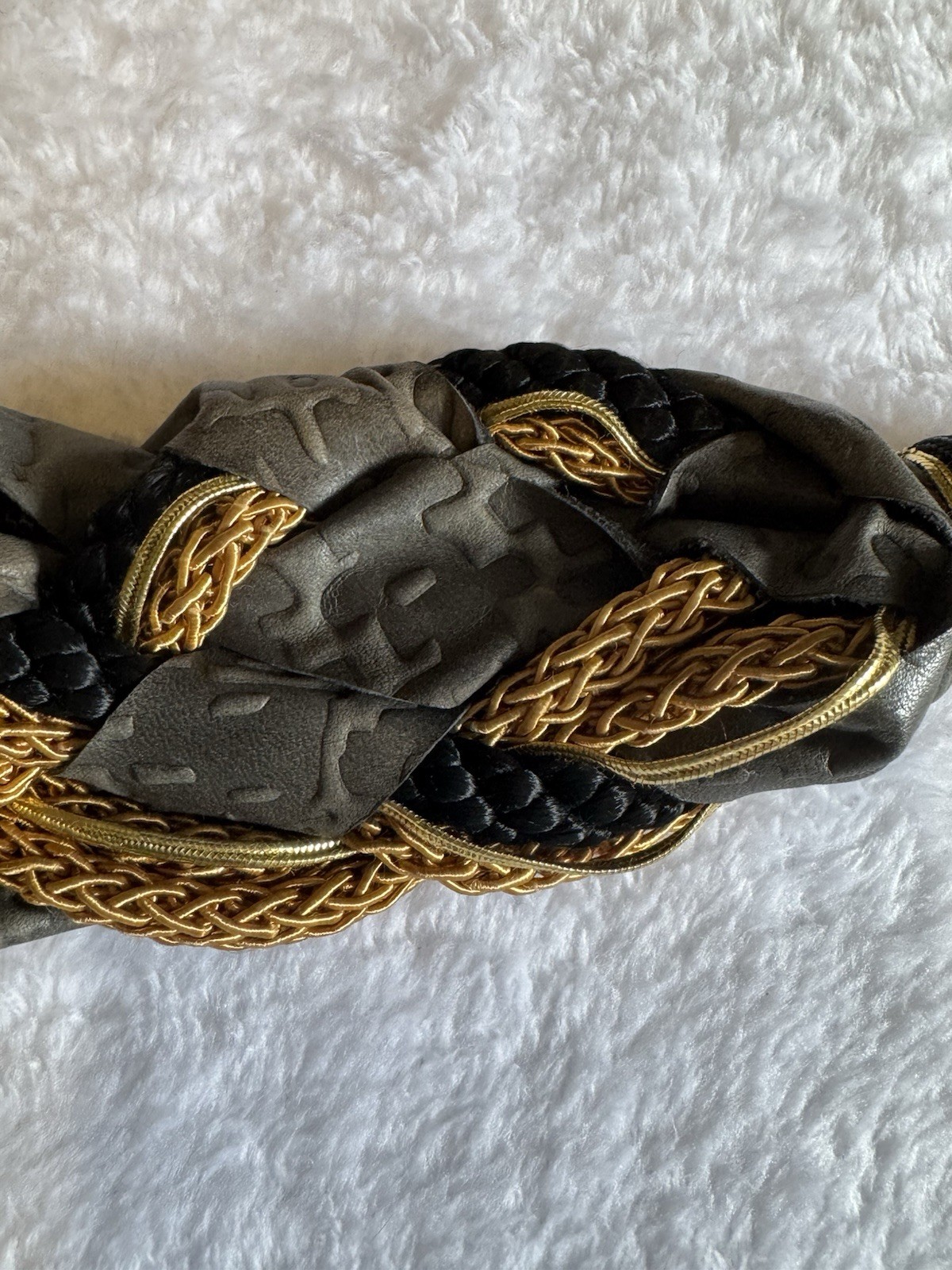 Vintage 80s Stretch Knot Braided Belt Leather Accents, Hook Closure Grey&Gold SM