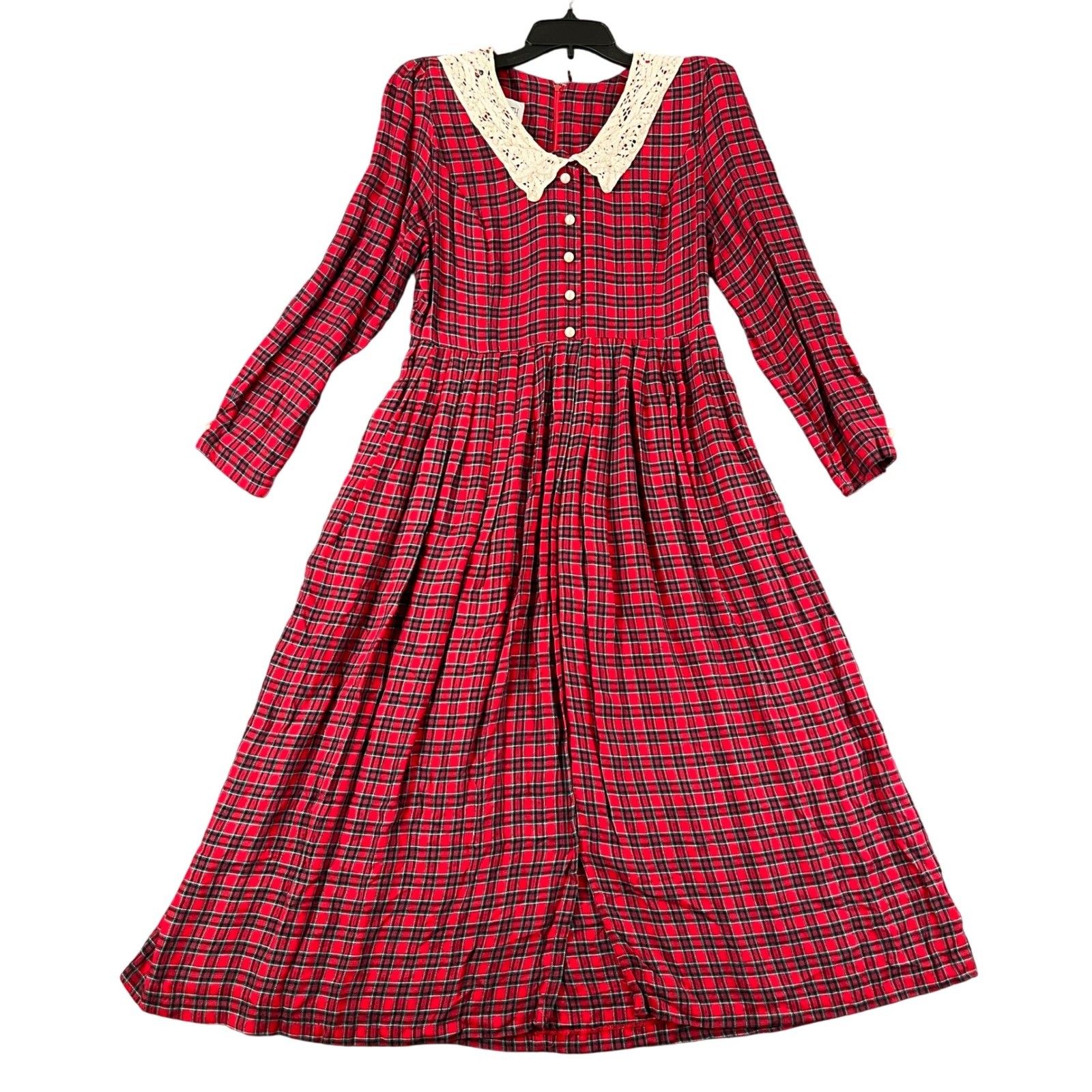 Vintage 90s Plaza South Plaid Dress Womens 8 Lace Collar Pearl Holiday Party