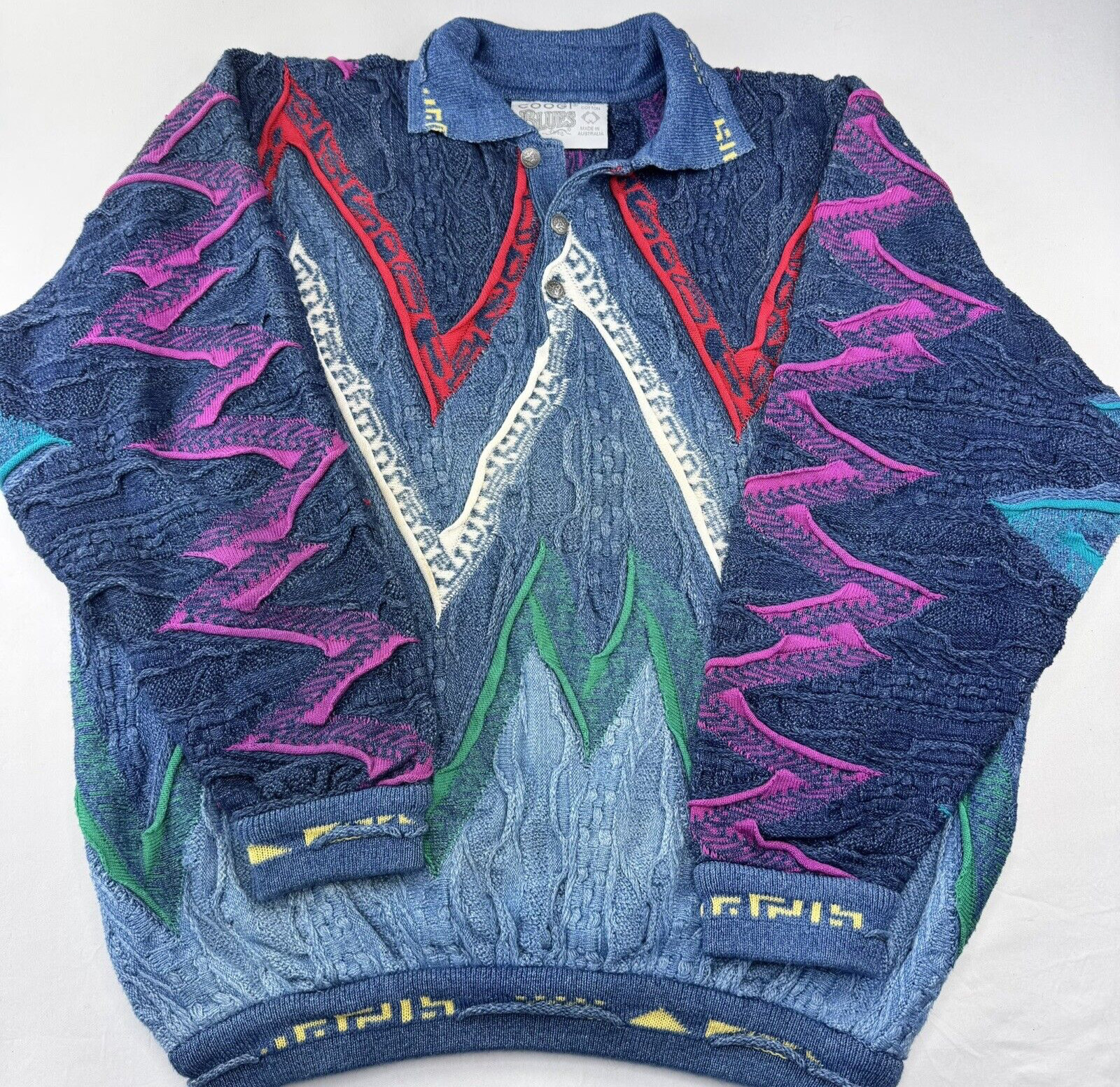 Vintage COOGI Blues Sweater Multicolored Collared With Buttons Sz L Biggie RARE