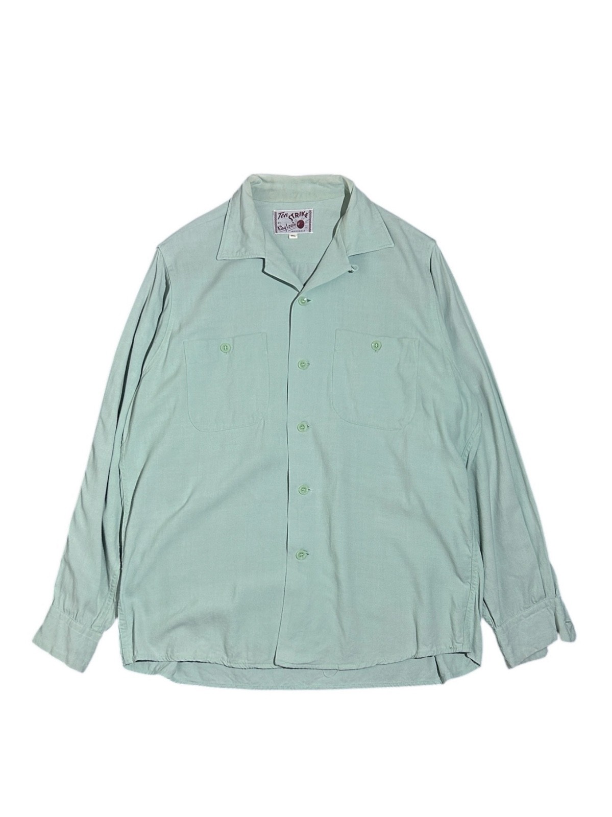 50s King Louie Ten Strike Rayon Bowling Shirt Chainstitch Mint Green ML USA VTG