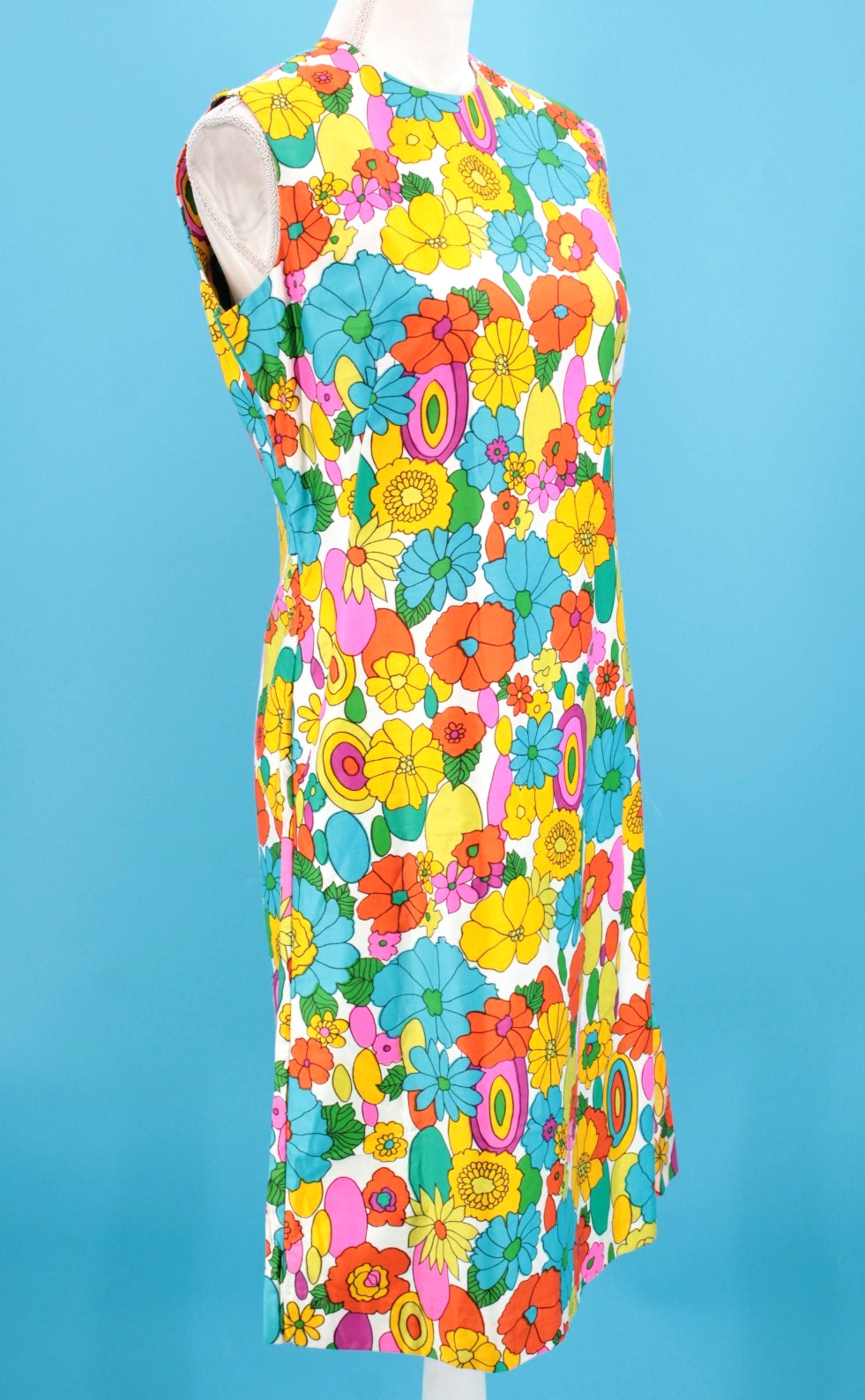 VTG 60s Bright Colorful Psychedelic Floral Sheath Dress Sz S/M 1960s John Abbott