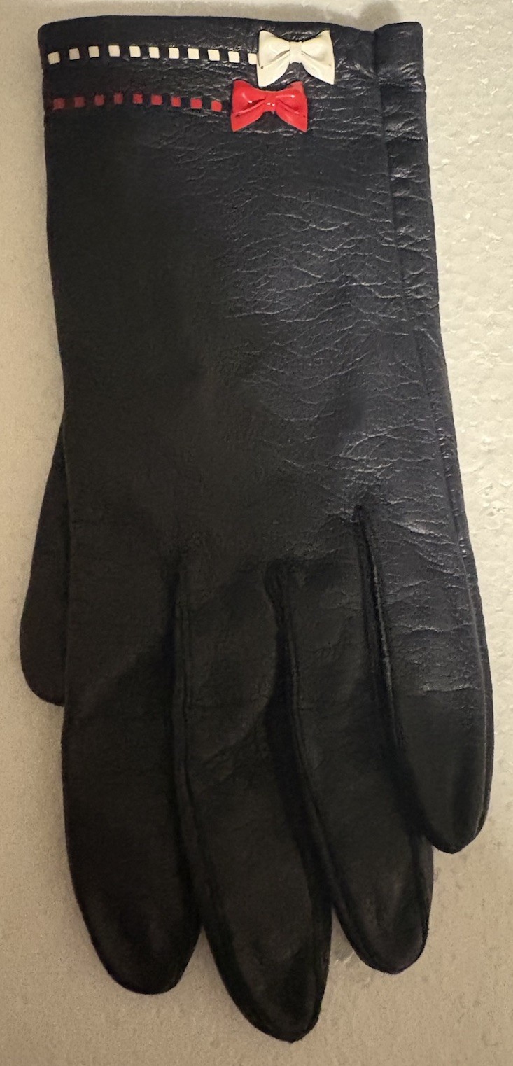 Miss Aris Gloves Black Red/White Bows. Size 7. Vintage Clean No Tears Leather?