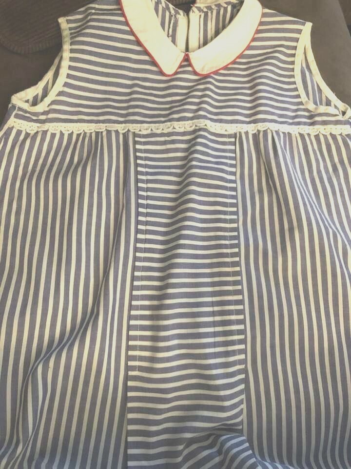 1960-70s Girls Vintage Shift Dress Grey & White Striped Cotton Handmade sz 6-7