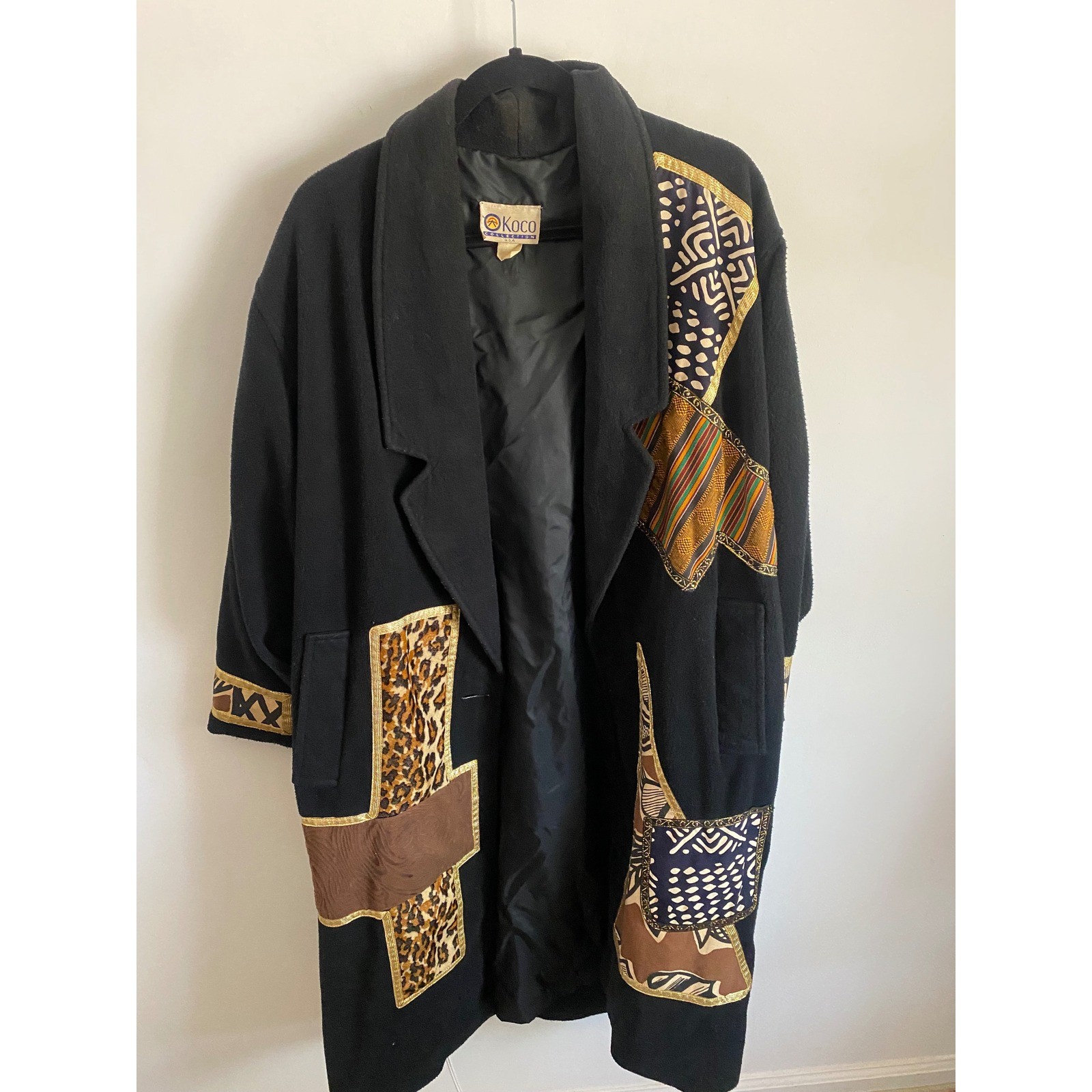 Koco Collection USA Vintage Patchwork Coat Black Leopard Tribal Gold Trim XL