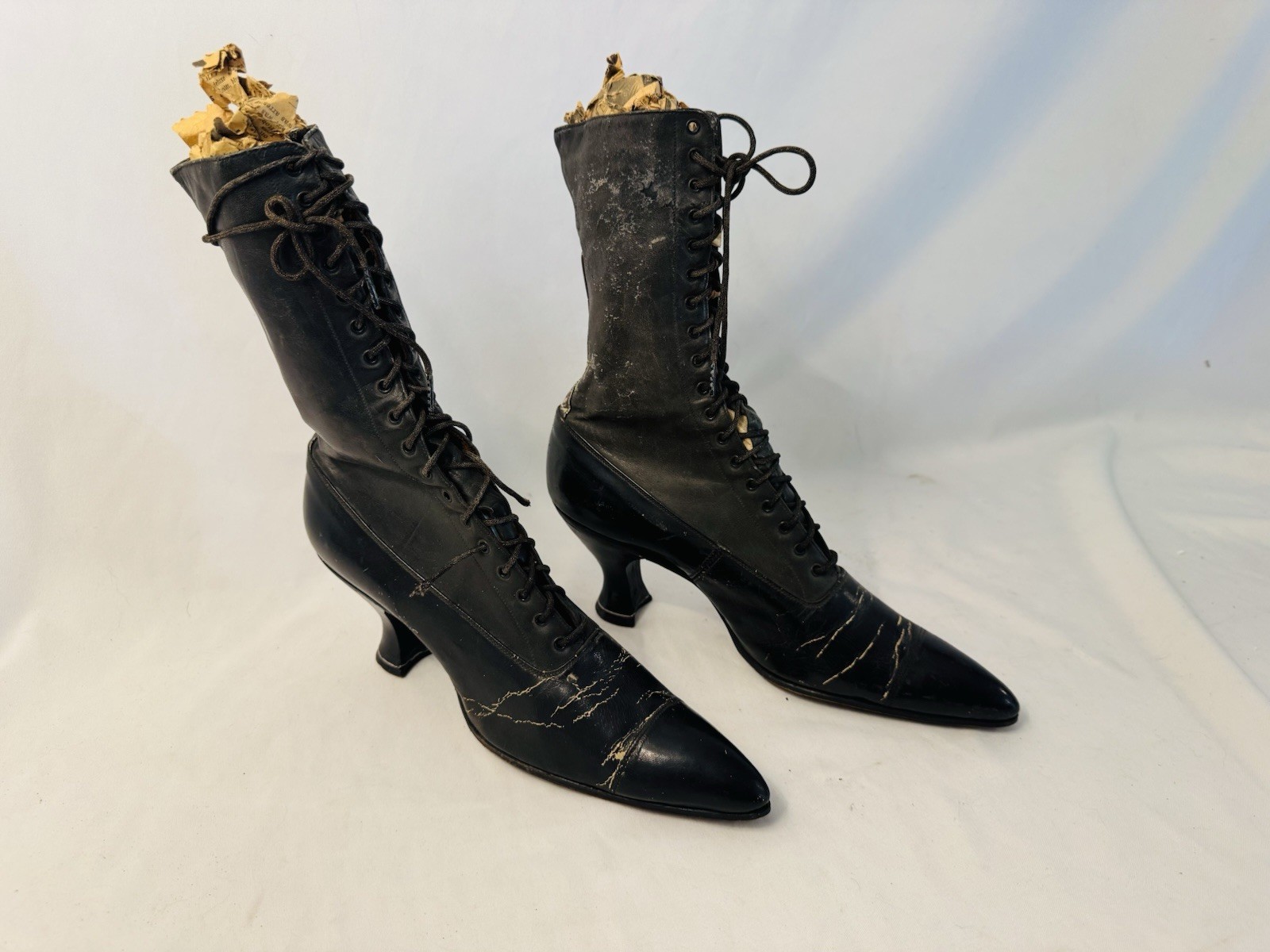 Antique 1800s Ladies Women Victorian Boots Black Leather Lace Up Black