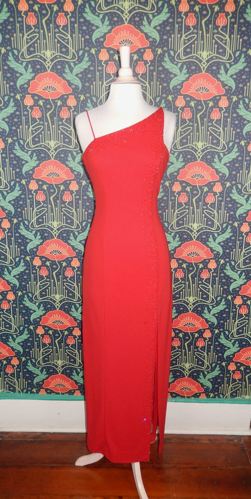 Vintage 90’s Y2K Prom Dress Red Beaded Homecoming Formal One Shoulder 2