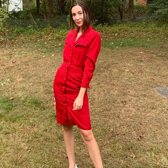 Vintage Harve’ Benard Red Button Front Long Sleeve Western Wiggle Dress Small