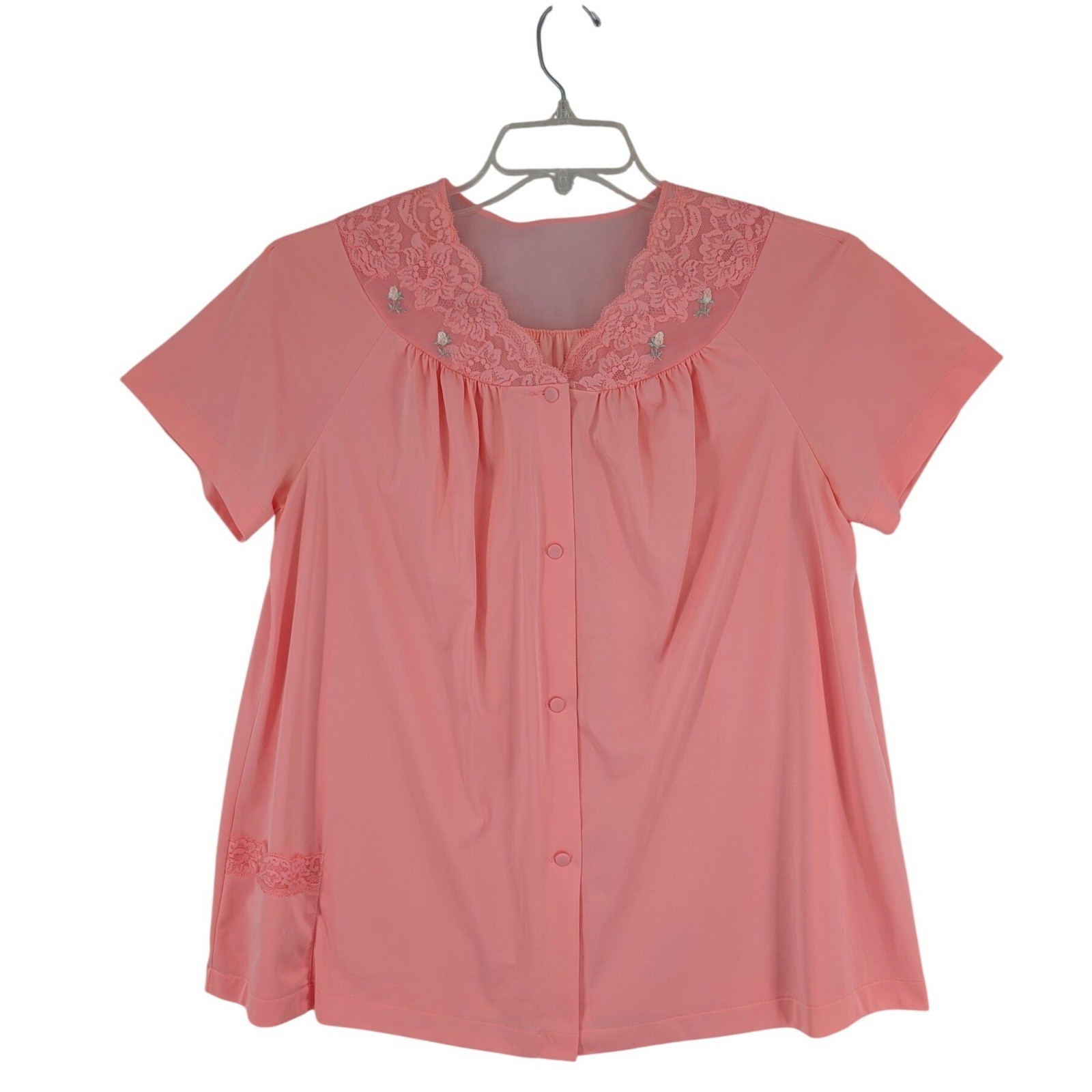 Shadowline Vintage Bedjacket 36 Pink Coral Lace Floral Embroidered Sleepwear