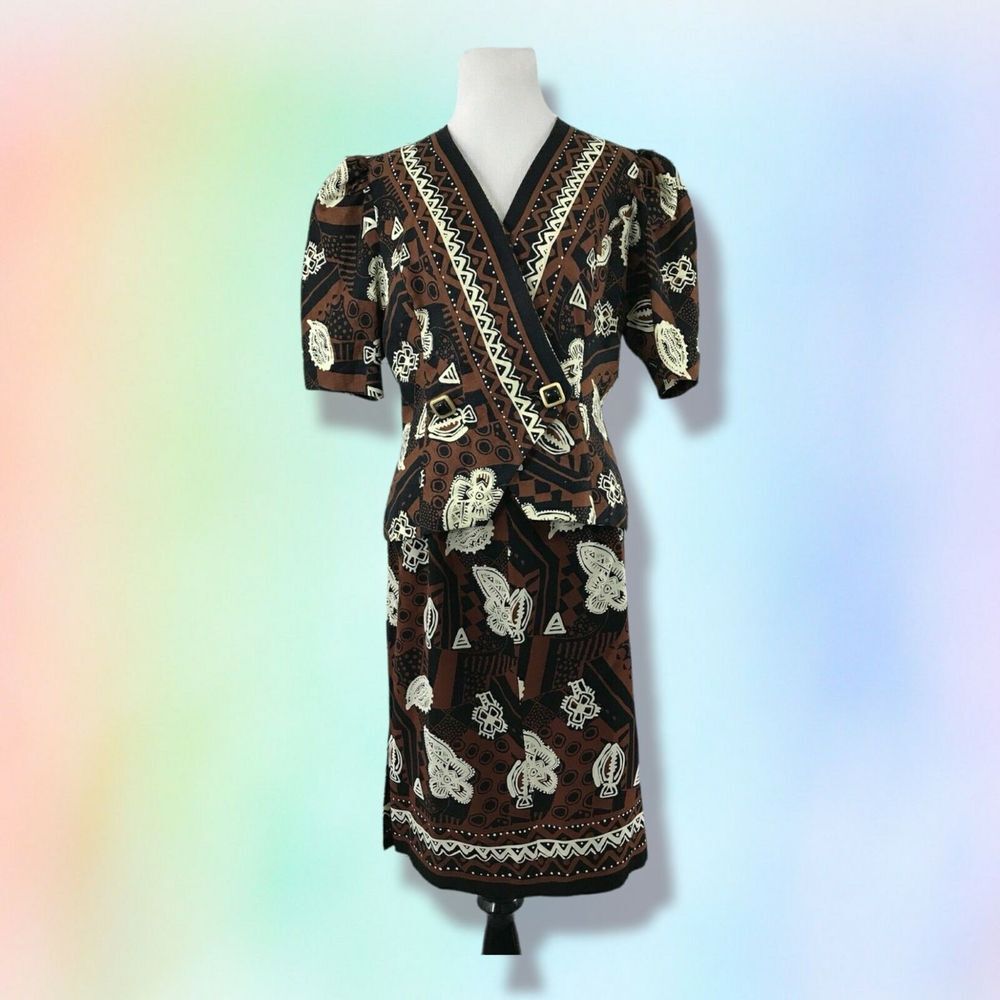 Teri Jon Richie Freeman Saks Fifth Avenue Vintage Linen Skirt Set Brown Print 6