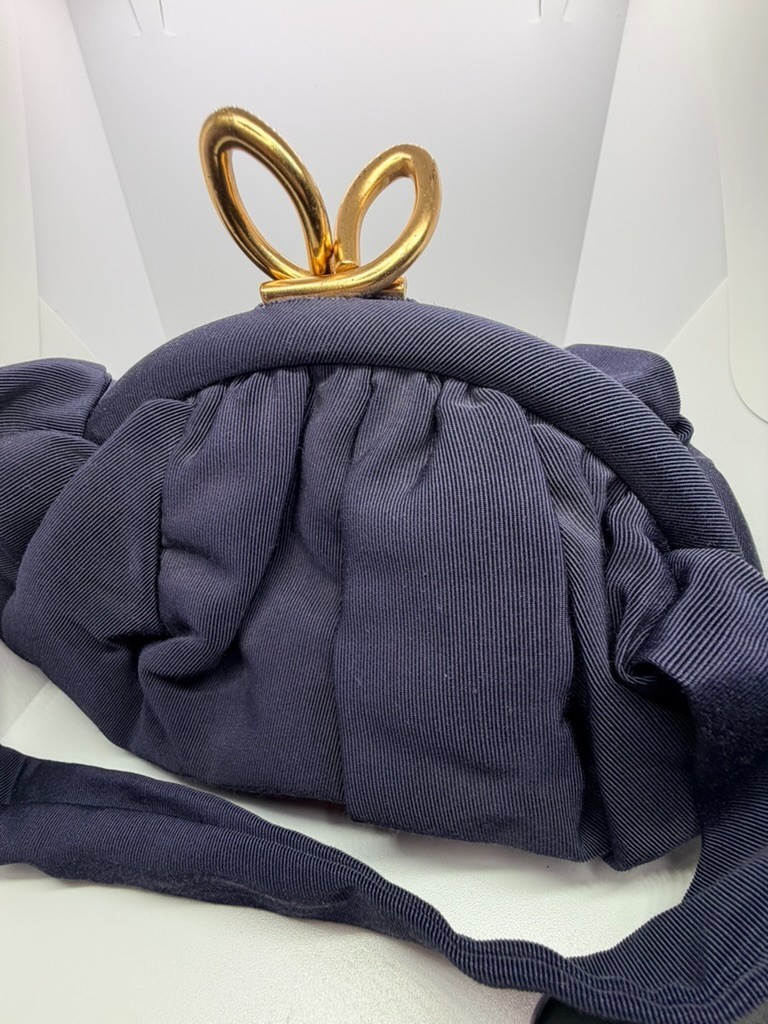 Vintage Navy Grosgrain Evening Bag Sculptural Gold Loop Clasp Dual Coin Purse