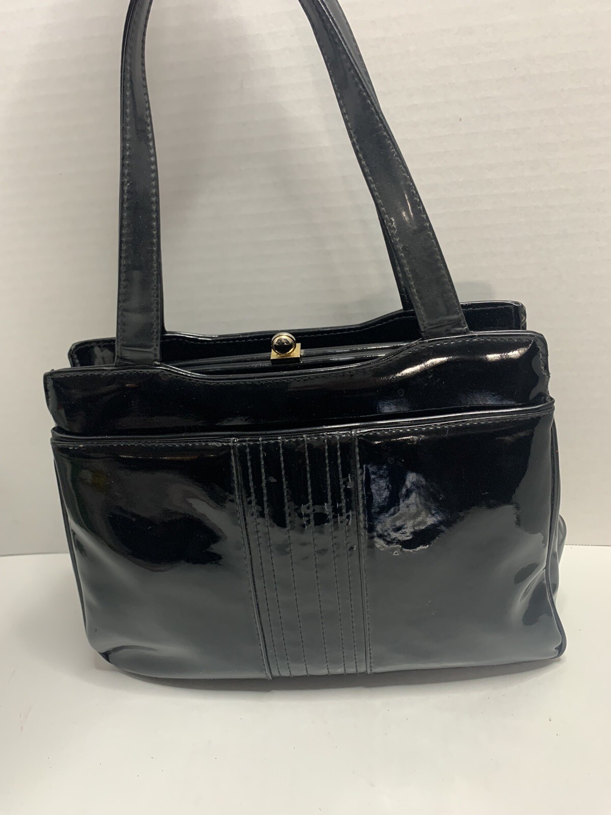 Vintage 1960’s Framed Black Patent Leather Purse Handbag Rockabilly MCM 11”x8”
