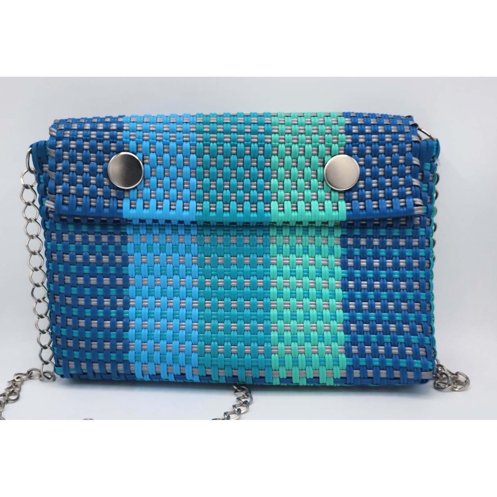 Handcrafted Artesanal Shades of Blue Silver Chain Strap Plastic Woven Purse