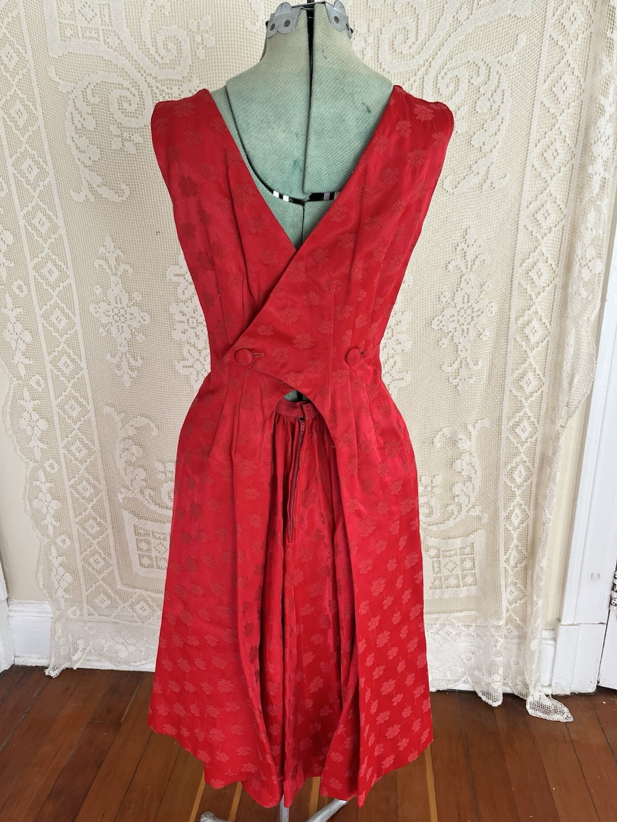 Vintage 1950s 1960s McKettrick Red Brocade Cocktail Hourglass Dress 50s 60s