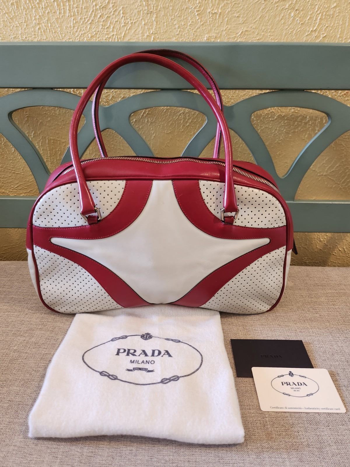 Vintage Y2K PRADA Bowling Bag Red White Two Tone Leather Rare Authenticity Card