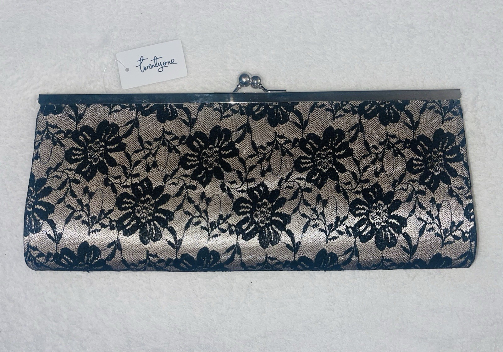 NEW with Tag – Vintage Forever 21 Black Lace & Champagne Satin Long Clutch- RARE